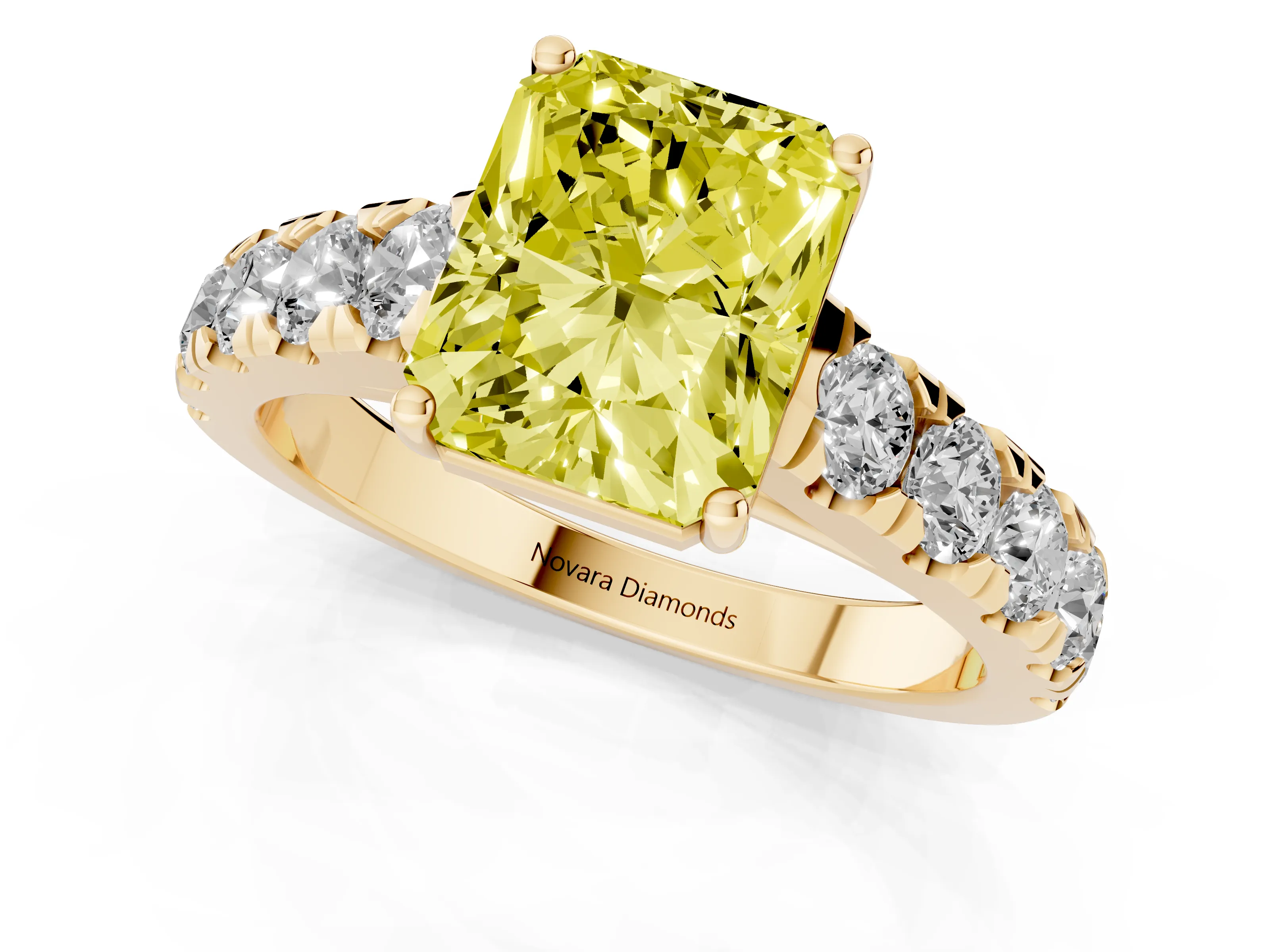 Fancy Yellow Radiant Cut Diamond Solitaire Ring Set in Yellow gold with Cut-Down Micro Pavé Band and Prong Setting