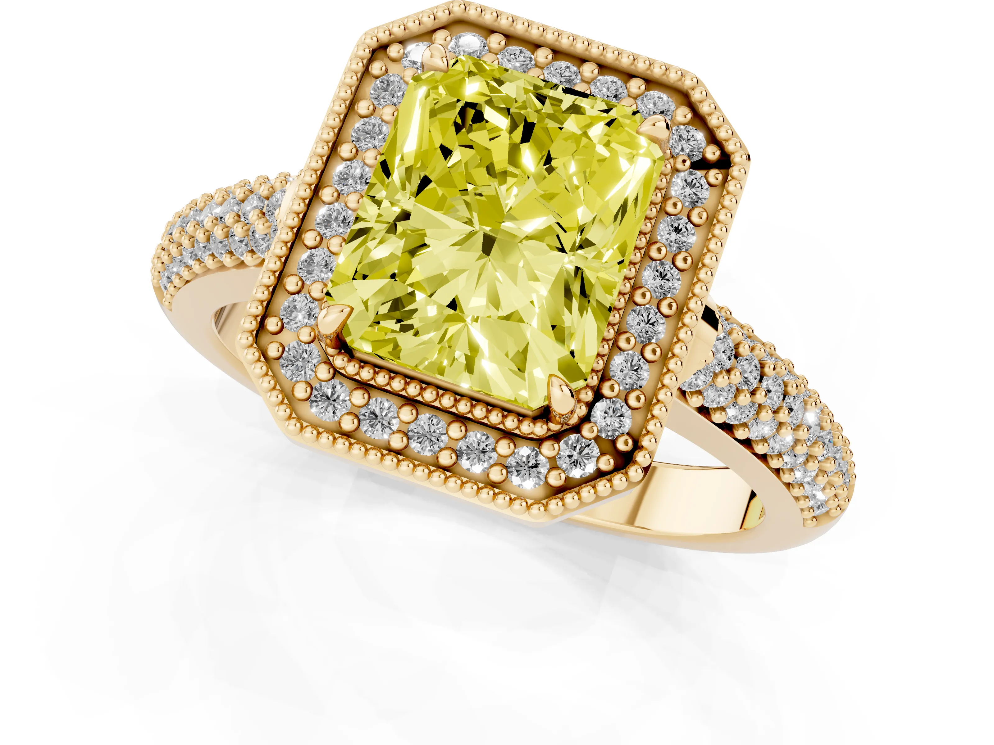 Fancy Yellow Radiant Cut Diamond Halo Pavé Band Set in Yellow gold with Prong Setting