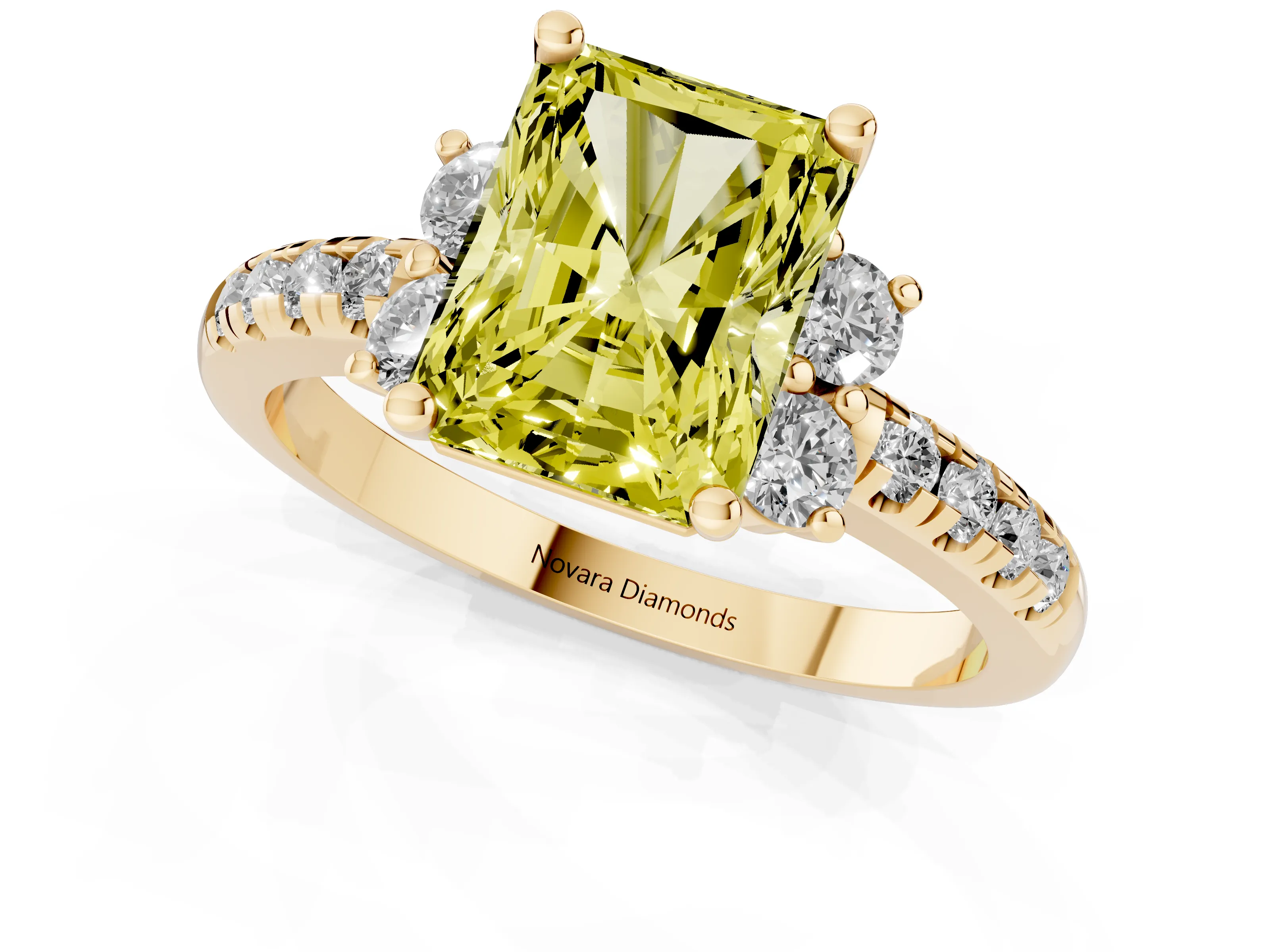Fancy Yellow Radiant Cut Diamond Three-Stone Pavé Ring Set in Yellow gold with Prong Setting