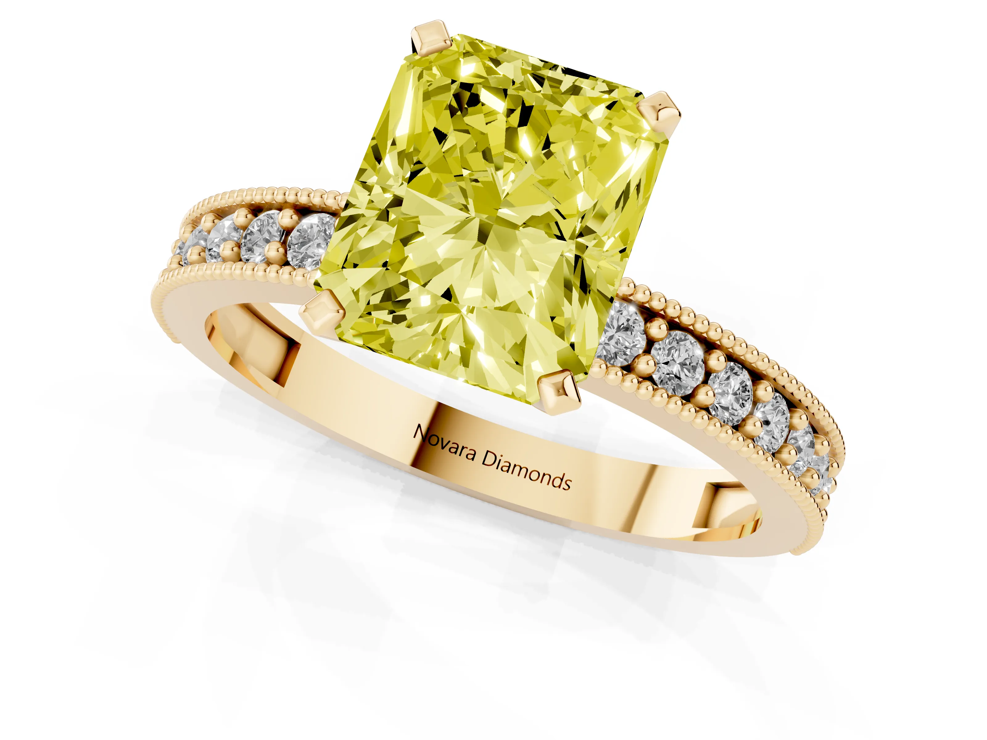 Fancy Yellow Radiant Cut Diamond Milgrain Pavé Engagement Ring Set in Yellow gold with Prong Setting