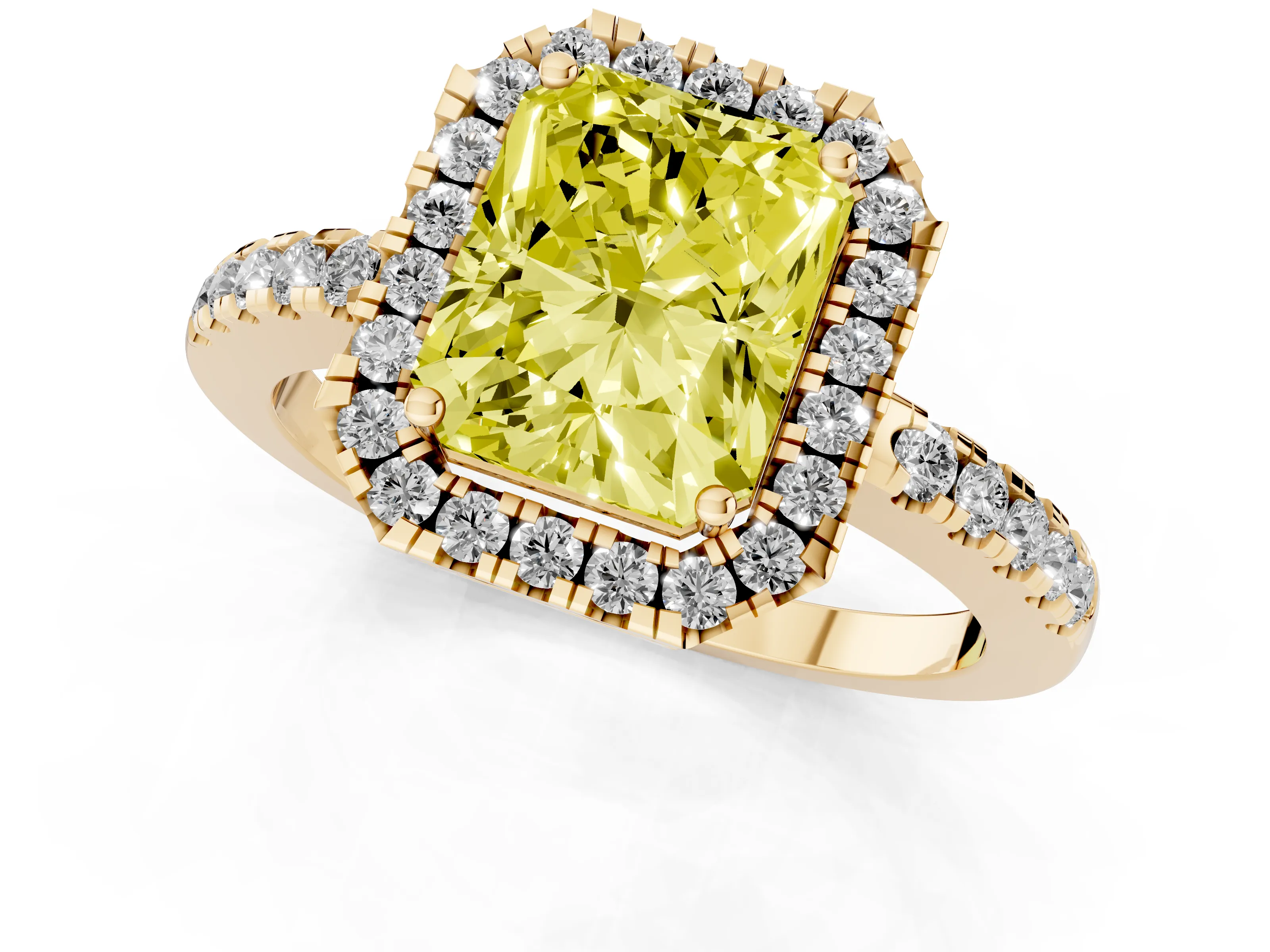 Fancy Yellow Radiant Cut Diamond Pavé Band Halo Engagement Ring Set in Yellow gold with Prong Setting