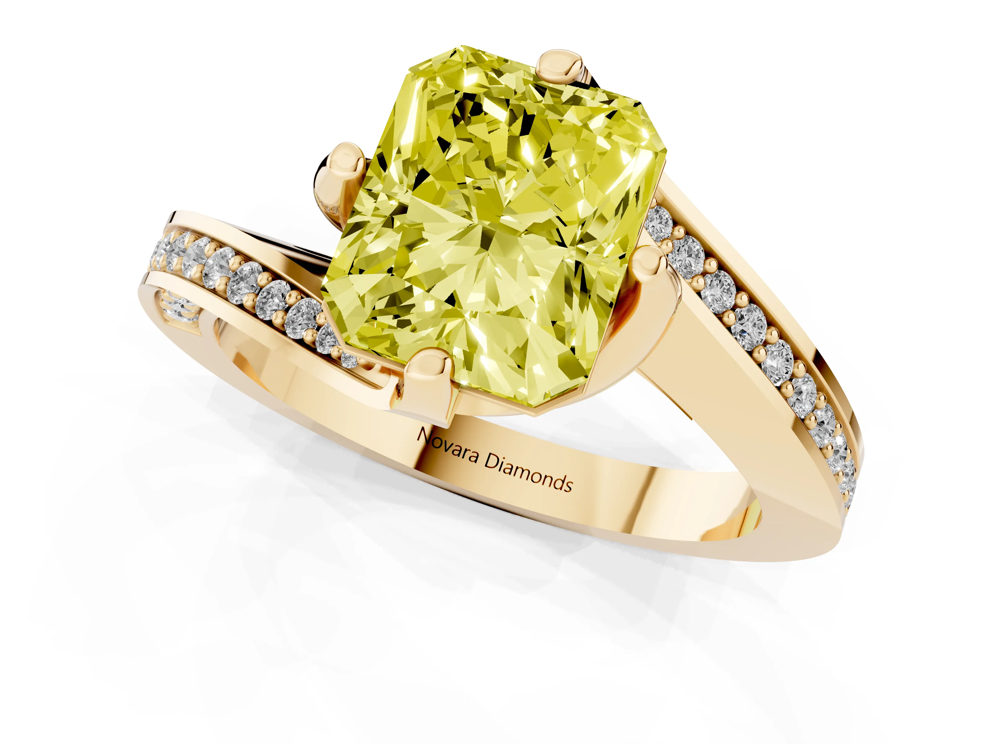 Fancy Yellow Radiant Cut Diamond Solitaire Ring Set in Yellow gold with Intertwined Pavé Twist Band