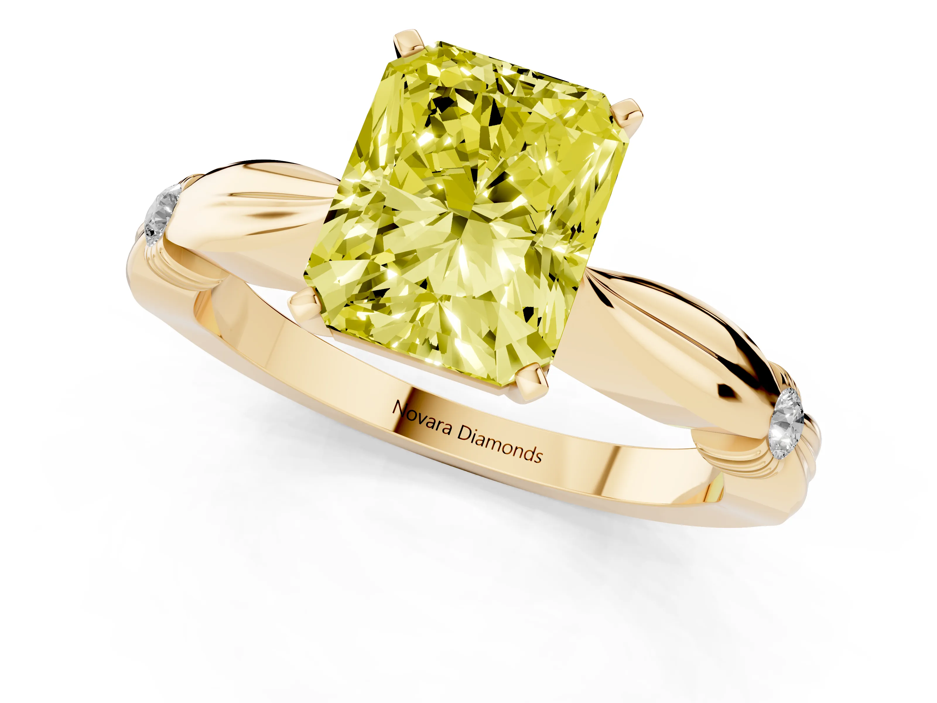 Fancy Yellow Radiant Cut Diamond Solitaire Twisted Band Ring Set in Yellow gold with Accent Stones and Prong Setting – second view