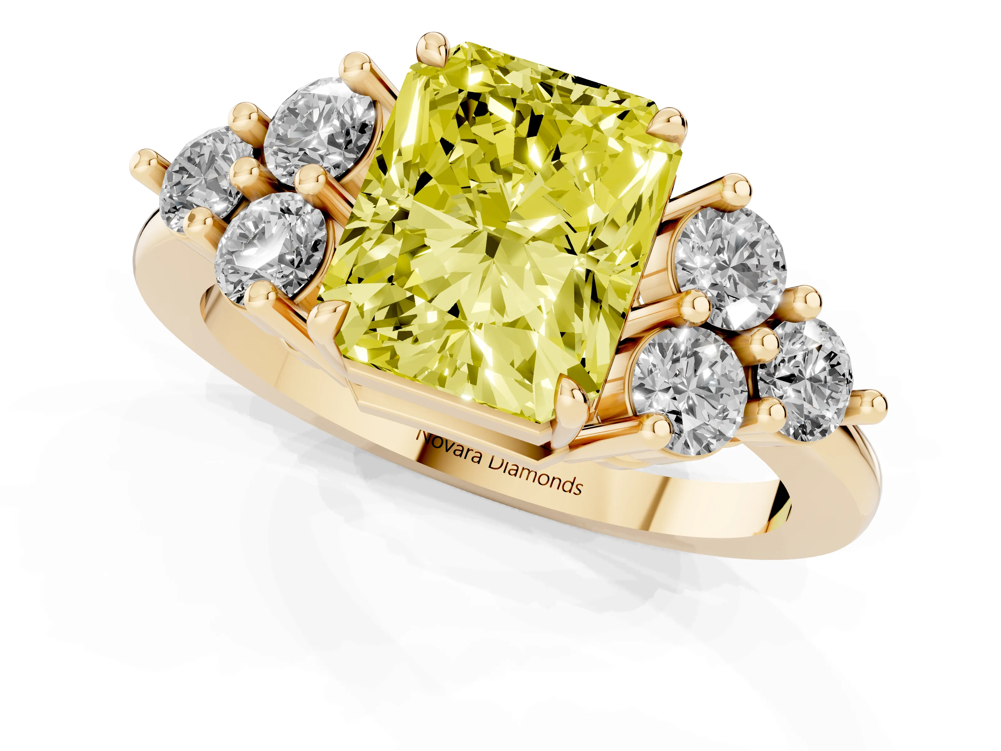 Fancy Yellow Radiant Cut Diamond Solitaire Ring Set in Yellow gold with Cluster Accents on Each Side