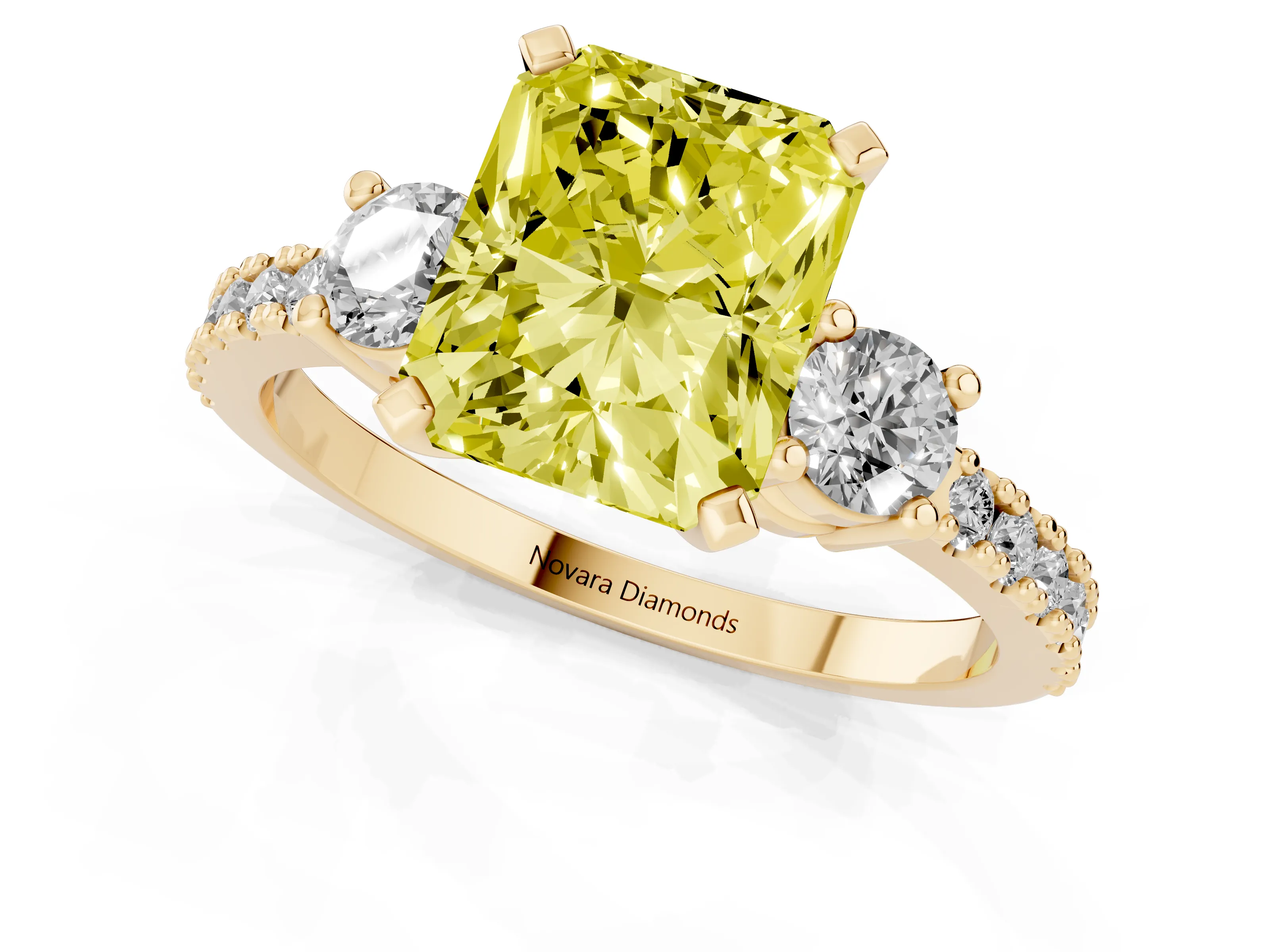Fancy Yellow Three-Stone Radiant Cut Diamond Pavé Band Ring Set in Yellow gold with Prong Setting