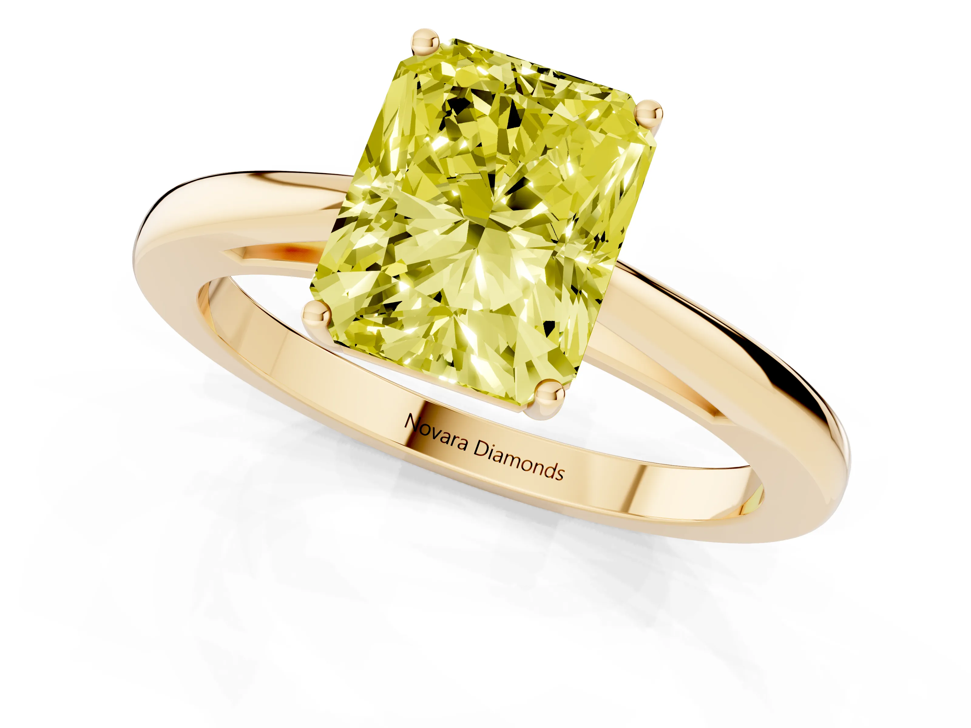 Fancy Yellow Radiant Cut Diamond Solitaire Ring Set in Yellow gold with Split Shank and Prong Setting