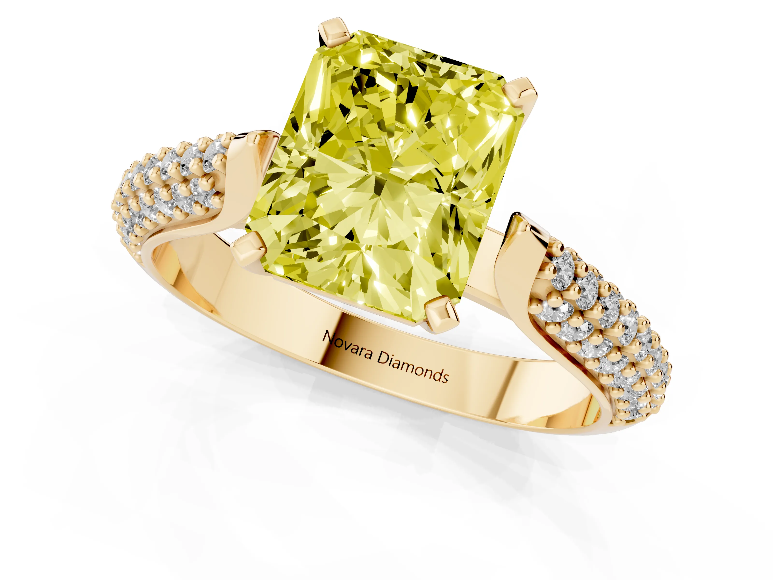 Fancy Yellow Radiant Cut Diamond Solitaire Engagement Ring Set in Yellow gold with Multi-Row Round Pavé Band and Prong Setting
