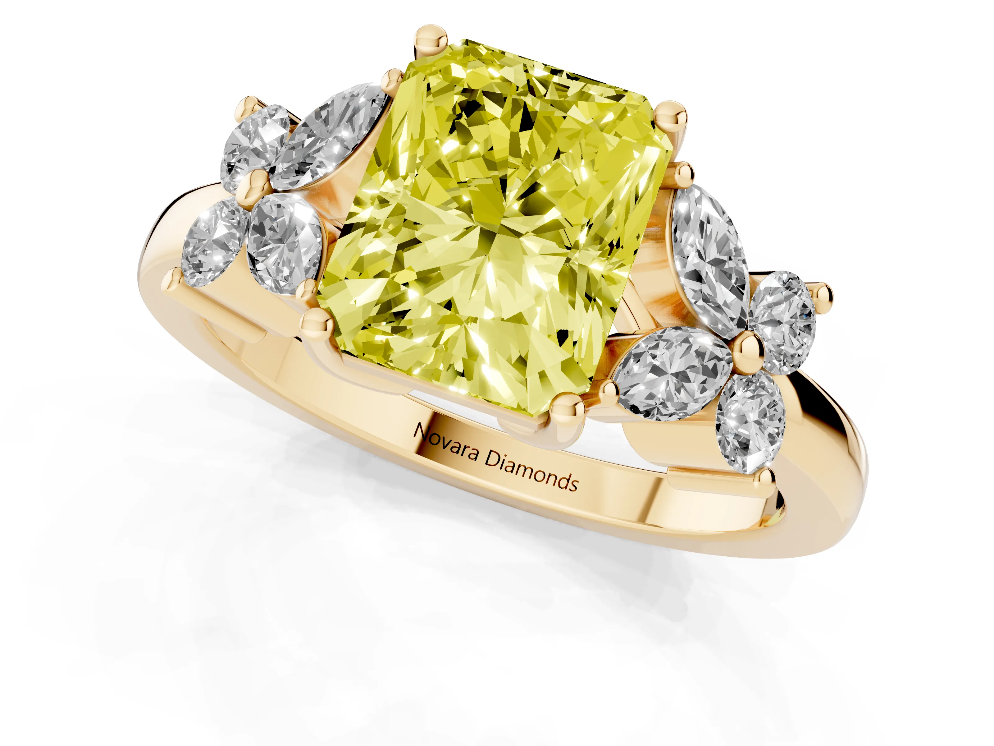Fancy Yellow Radiant Cut Diamond Floral Cluster Ring Set in Yellow gold with Marquise Petals and Prong Setting