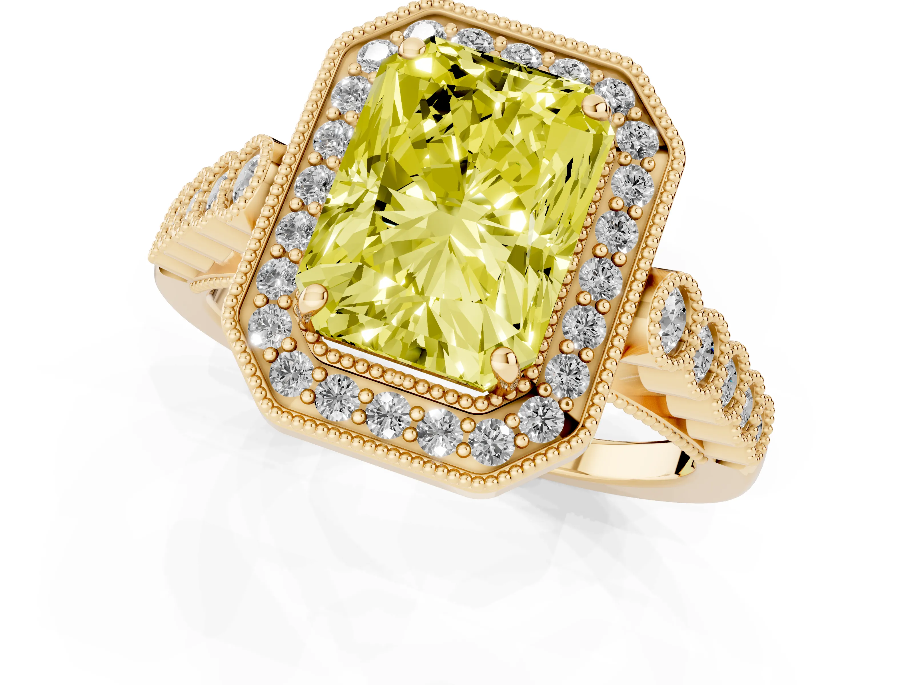 Fancy Yellow Radiant Cut Diamond Milgrain Halo Solitaire Ring Set in Yellow gold with Bezel Set Side Stones and Pavé Band