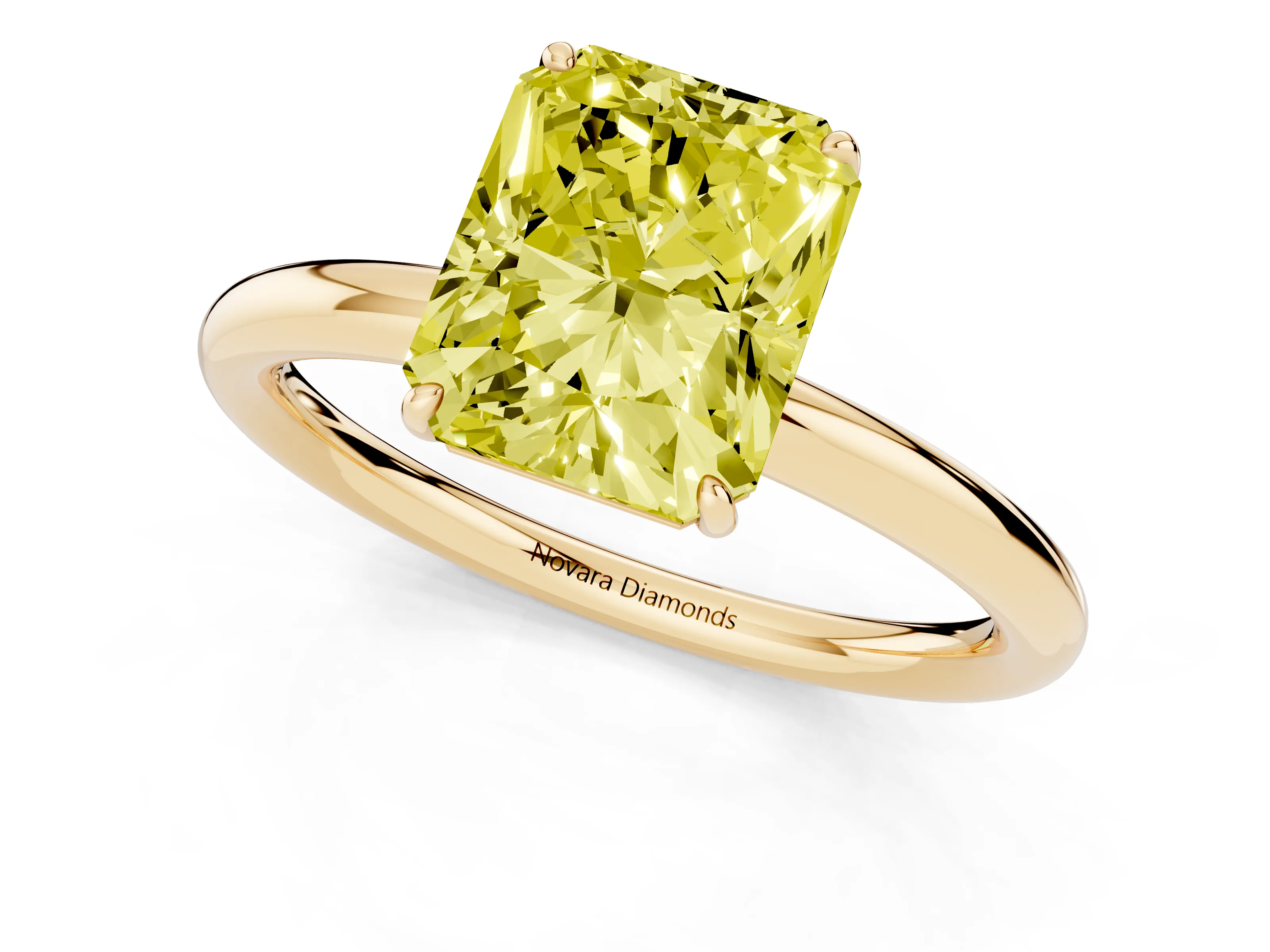 Fancy Yellow Radiant Cut Diamond Solitaire Ring Set in Yellow gold with Prong Setting on a Polished Plain Band