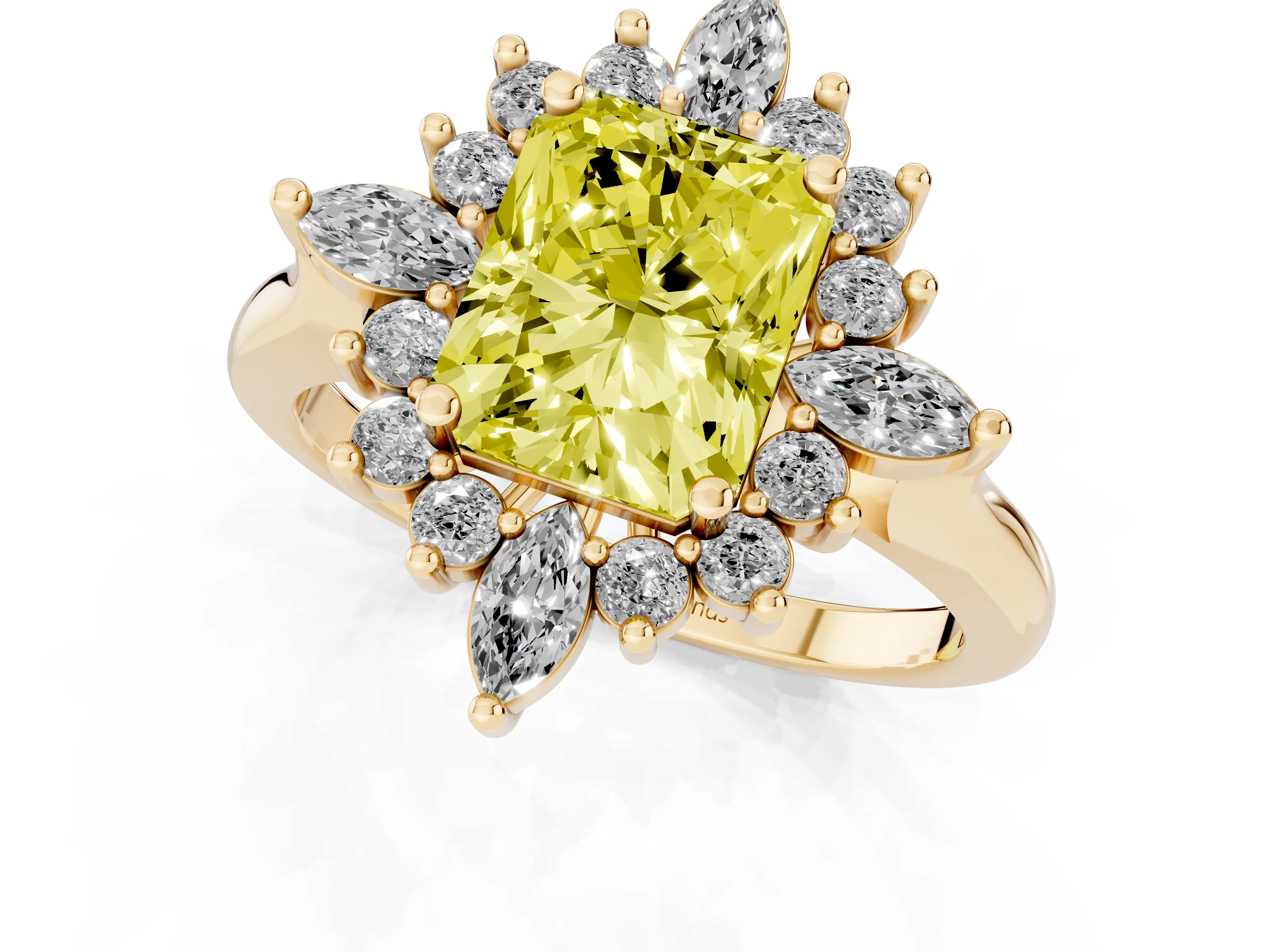 Fancy Yellow Radiant Cut Diamond Cluster Halo Ring Set in Yellow gold with Marquise and Round Accents