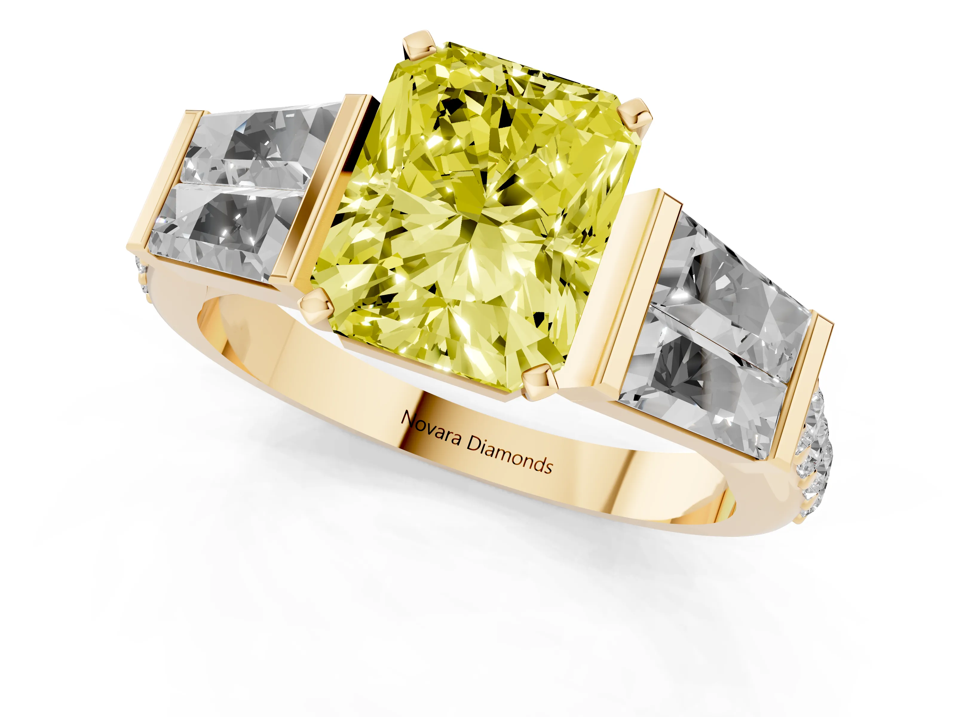Fancy Yellow Radiant Cut Diamond Engagement Ring Set in Yellow gold with Baguette Side Stones and Channel Set Band