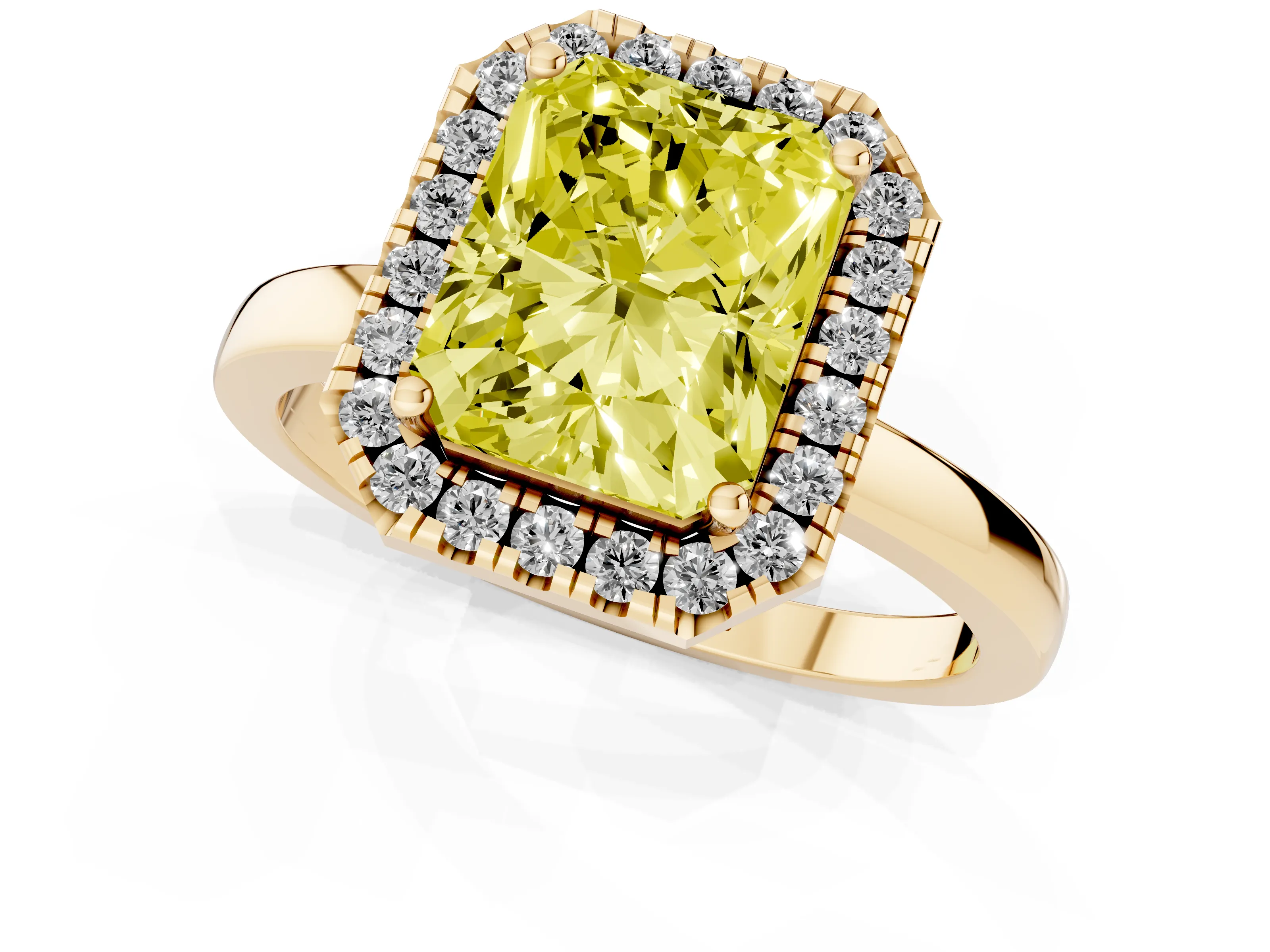 Fancy Yellow Radiant Cut Diamond Halo Solitaire Ring Set in Yellow gold with Pavé Band and Prong Setting