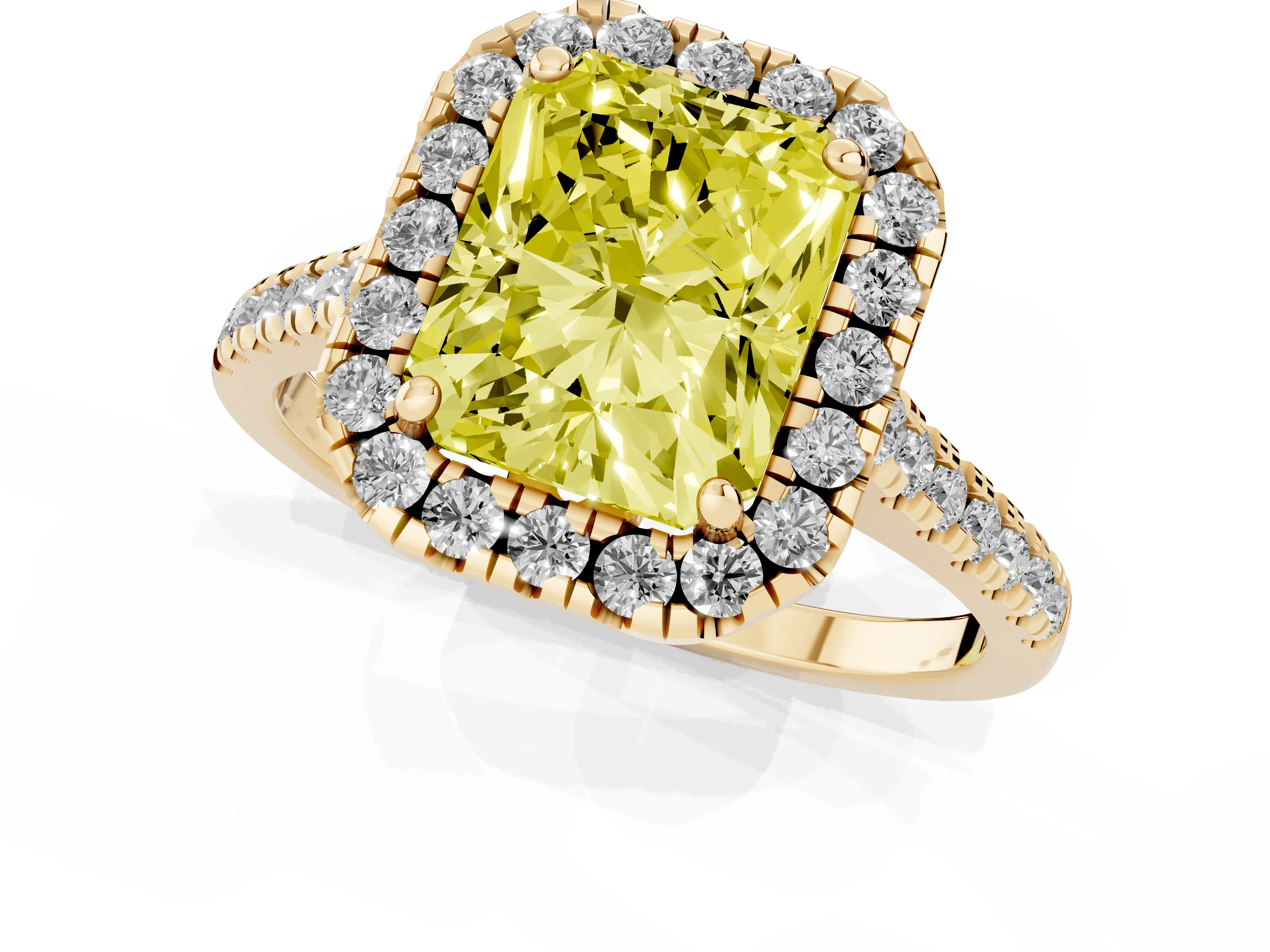 Fancy Yellow Radiant Cut Diamond Cushion Halo Ring Set in Yellow gold with Pavé Band