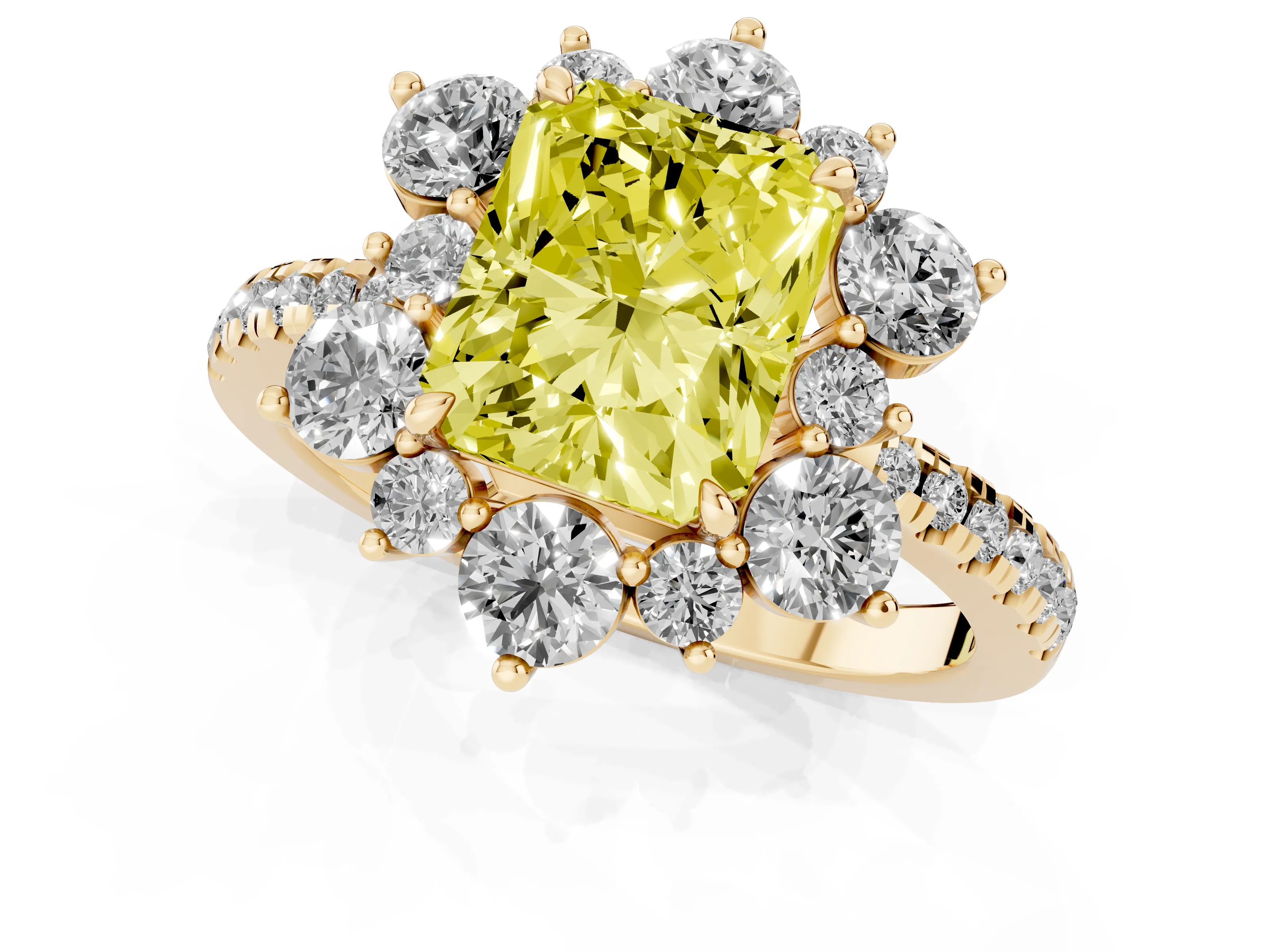 Fancy Yellow Radiant Cut Diamond Floral Halo Ring Set in Yellow gold with Round Pavé Band and Prong Setting