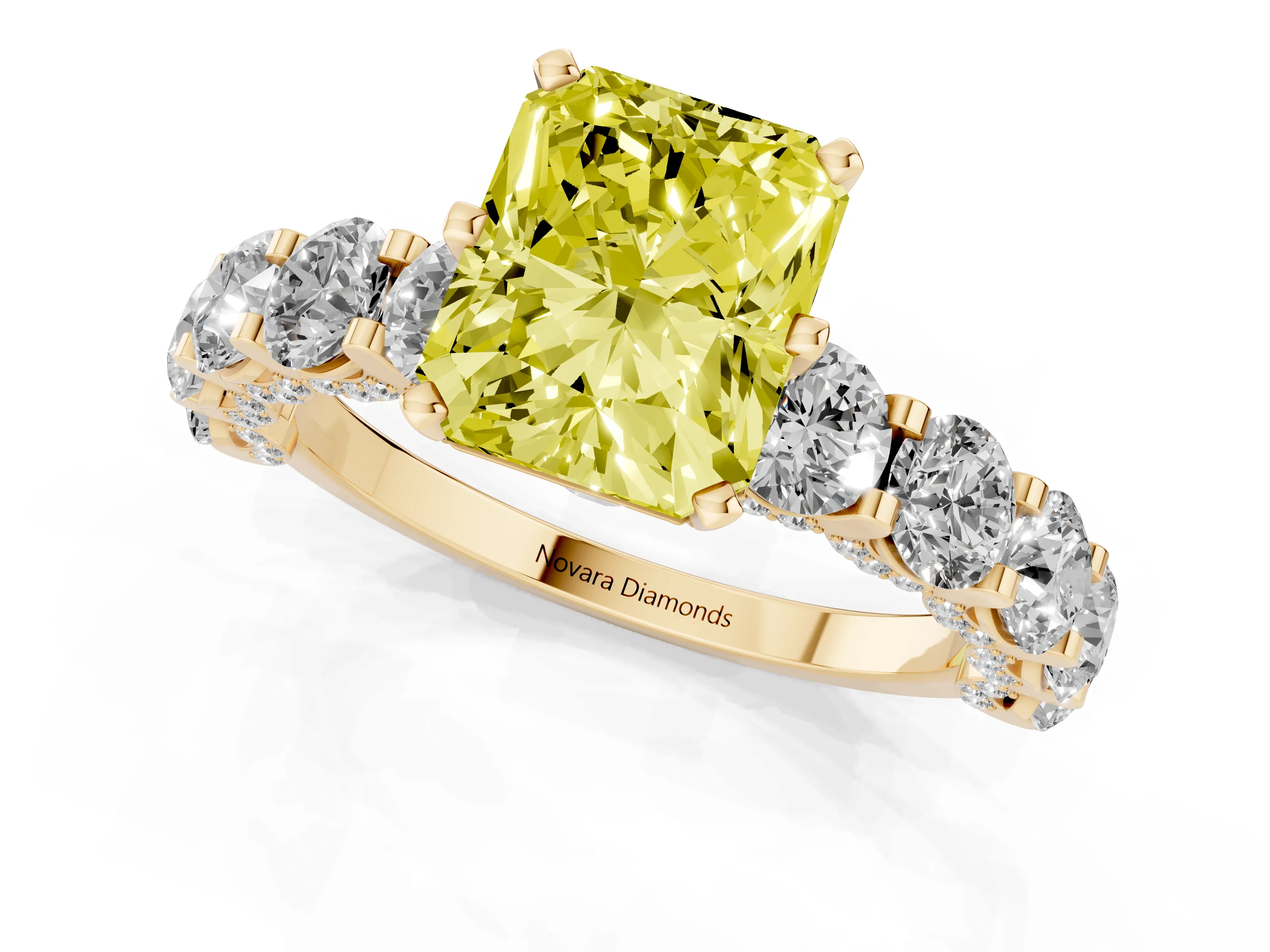 Fancy Yellow Radiant Cut Diamond Side Stone Ring Set in Yellow gold with Alternating Round and Oval Side Stones