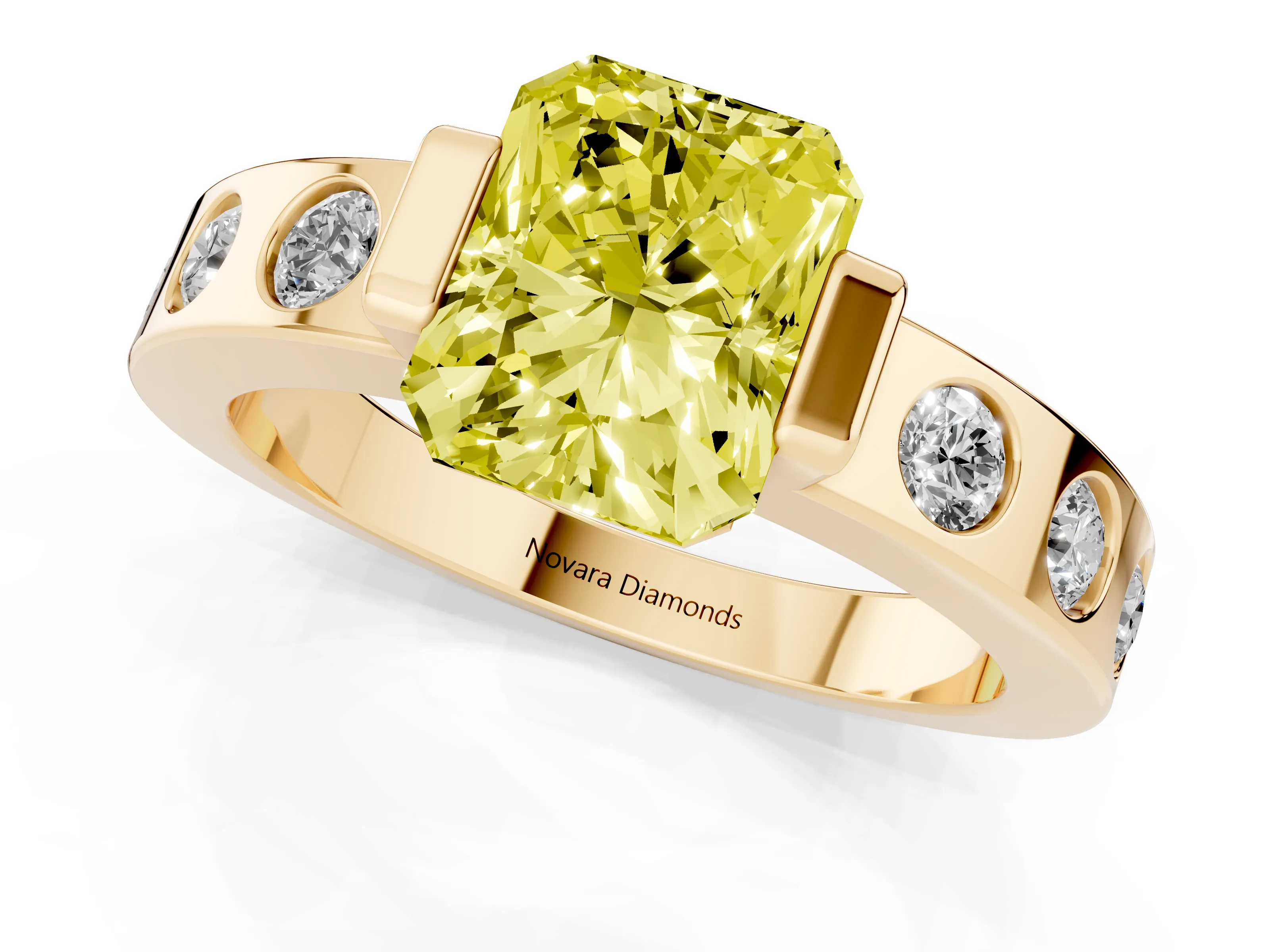 Fancy Yellow Radiant Cut Diamond Channel-Set Band Ring Set in Yellow gold with Bezel Prong Setting