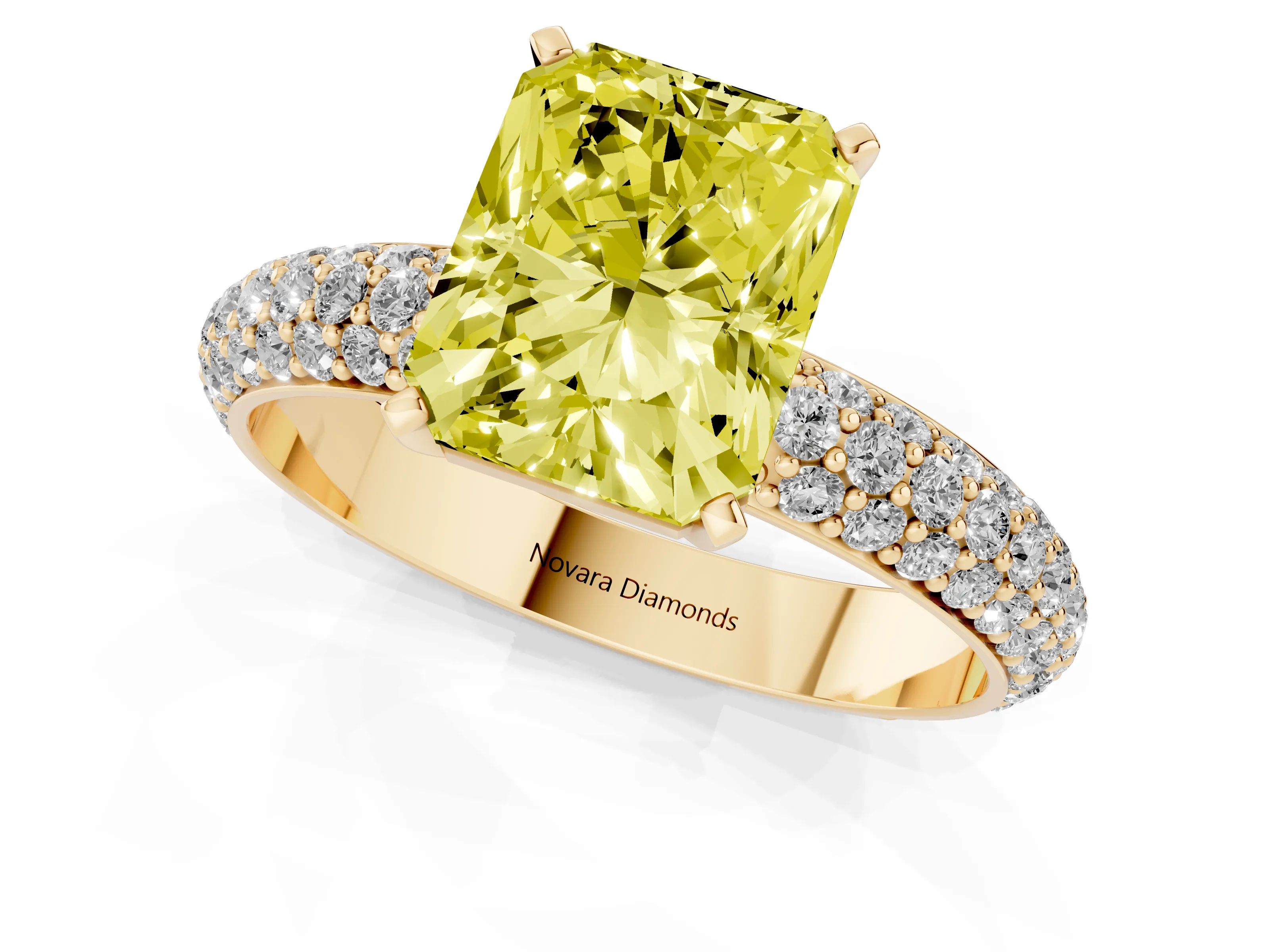 Fancy Yellow Radiant Cut Diamond Solitaire Ring Set in Yellow gold with Prong Setting and Pavé-Set Band