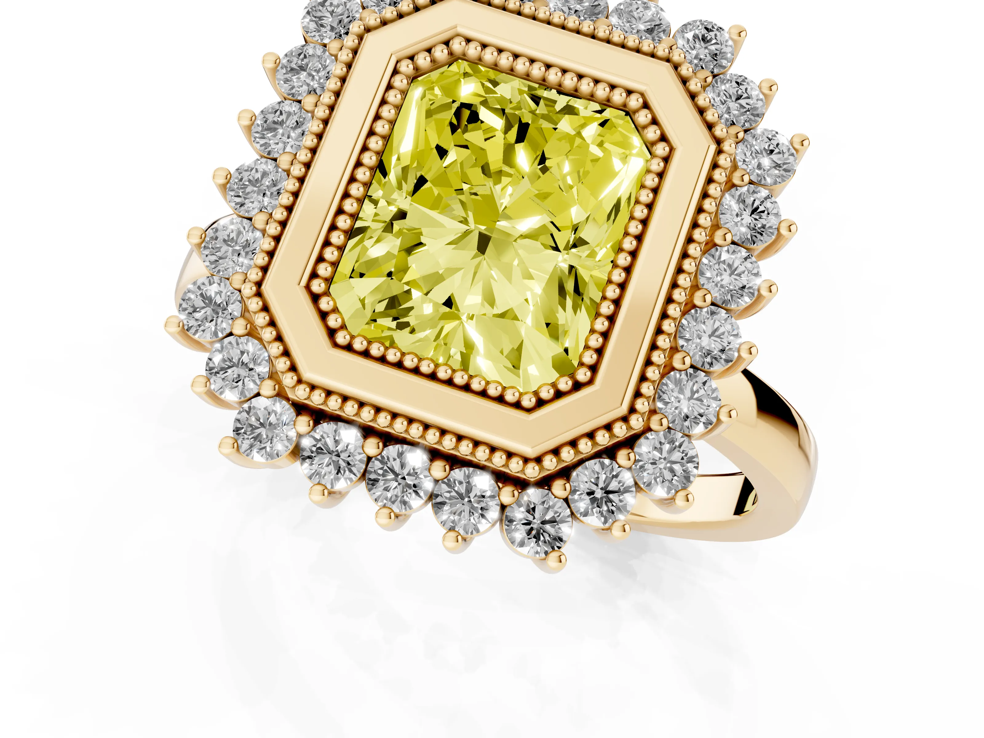 Fancy Yellow Radiant Cut Diamond Halo Ring Set in Yellow gold with Milgrain Edge and Round Prong Setting