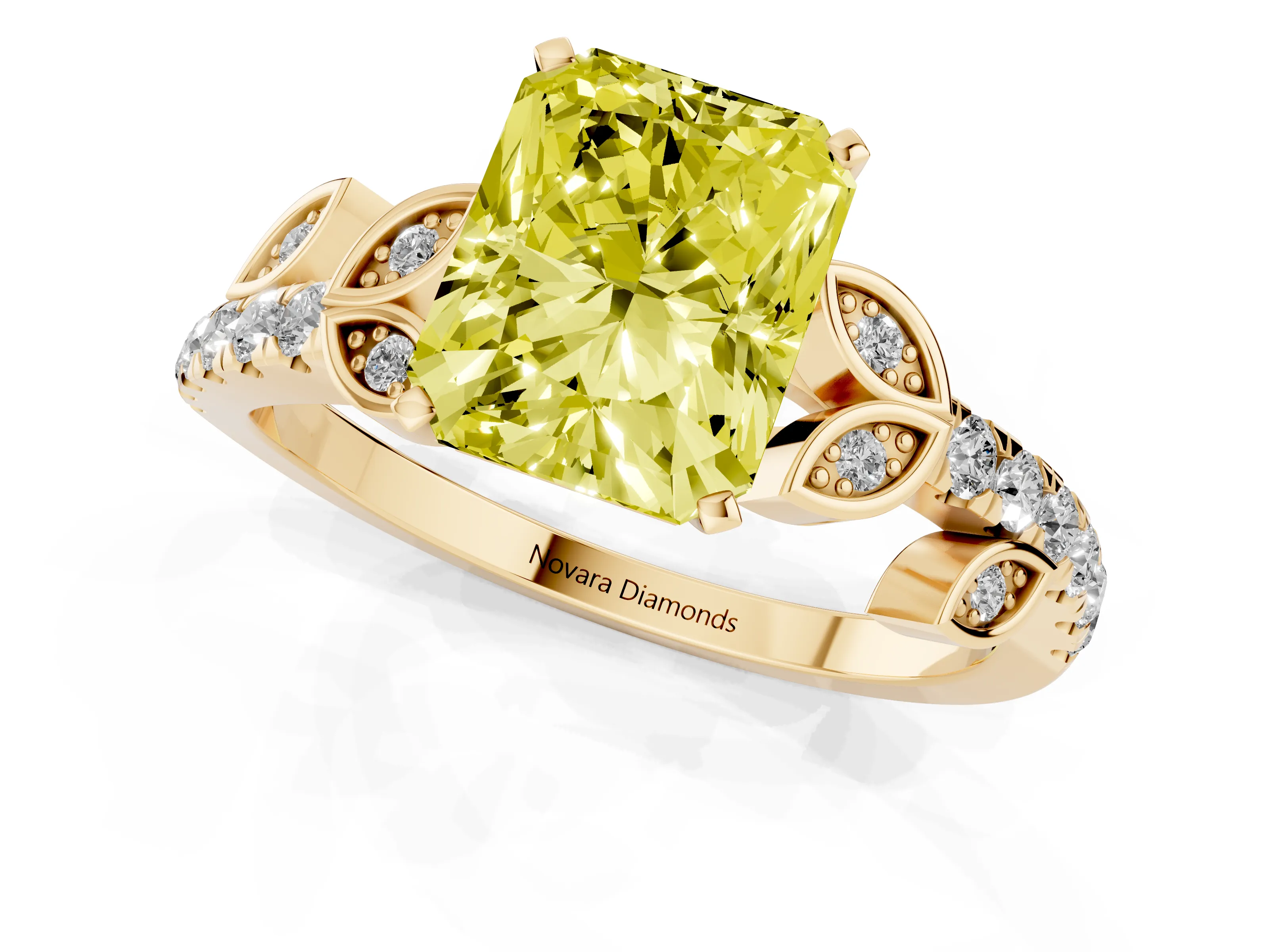 Fancy Yellow Radiant Cut Diamond Solitaire Leaf-Inspired Ring Set in Yellow gold with Pavé Band and Prong Setting