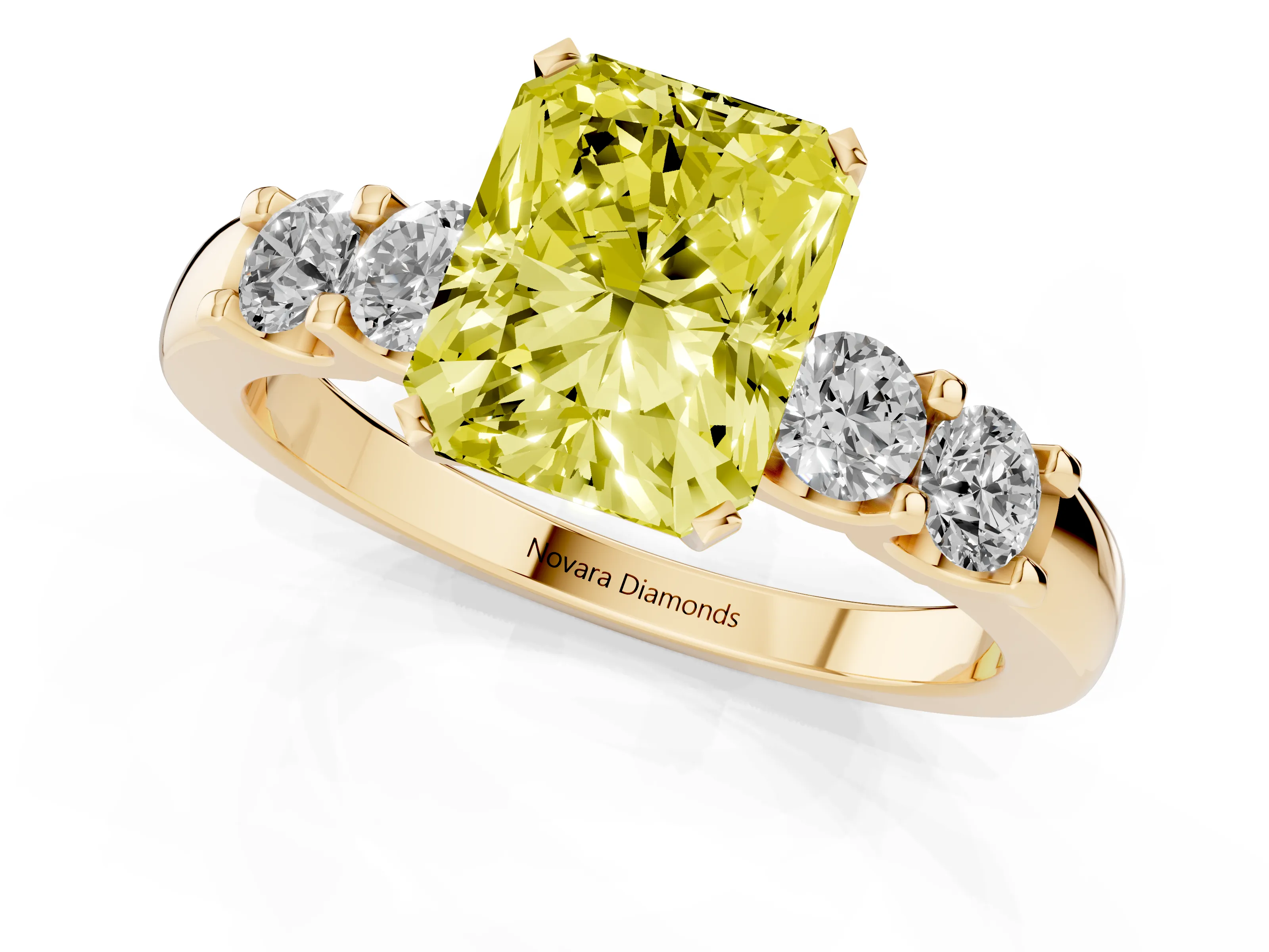 Fancy Yellow Radiant Cut Diamond Five-Stone Prong Set Engagement Ring Set in Yellow gold with Channel Band