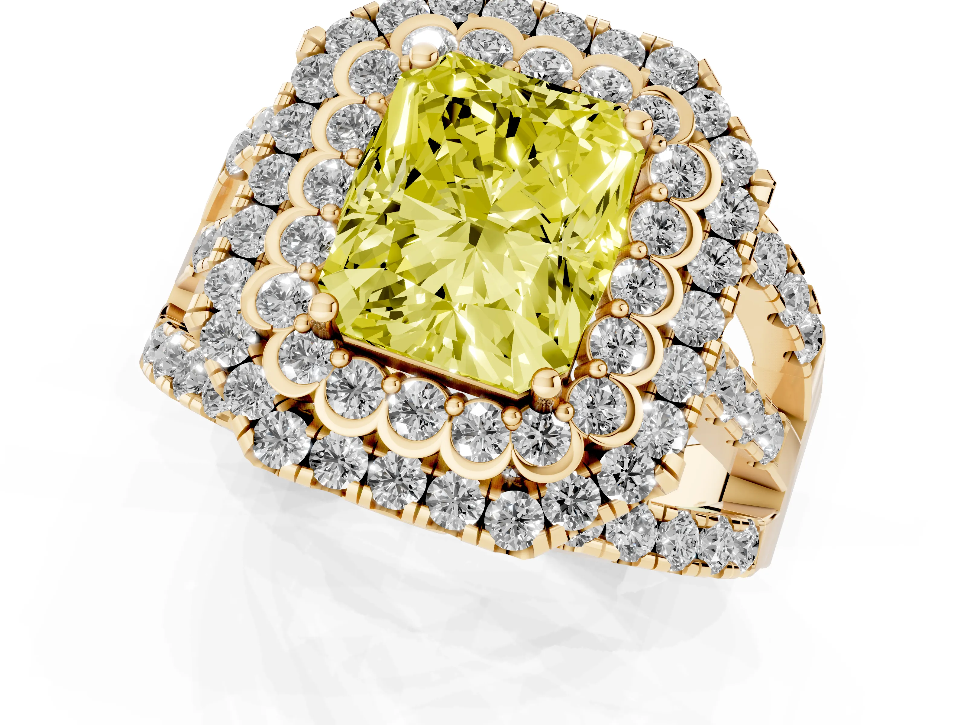 Fancy Yellow Radiant Cut Diamond Double Halo Ring Set in Yellow gold with Round Pavé Split Shank