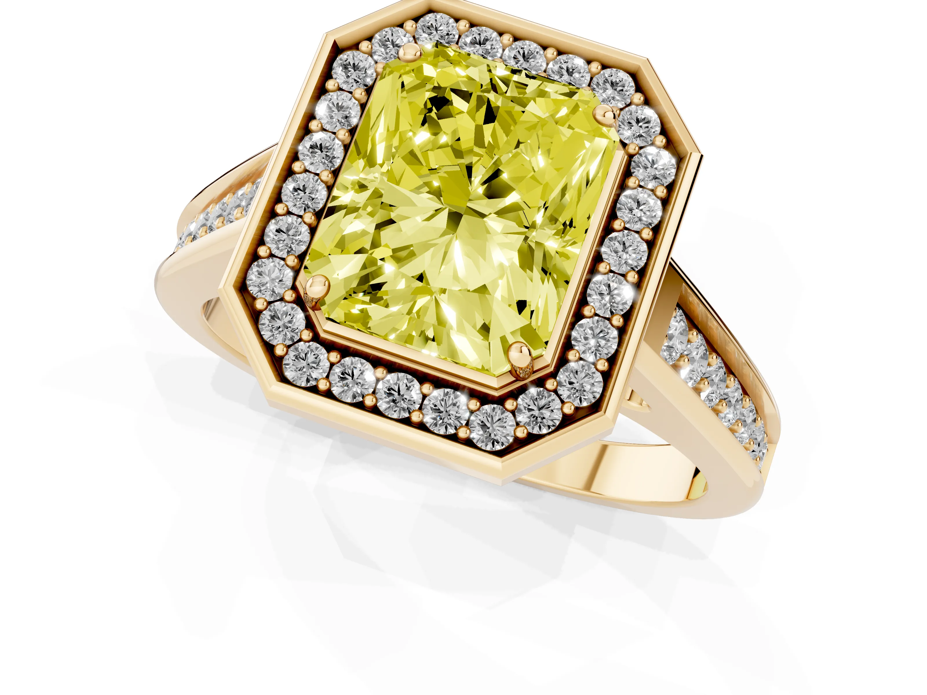 Fancy Yellow Radiant Cut Diamond Halo Solitaire Ring Set in Yellow gold with Pavé Band and Bezel Setting
