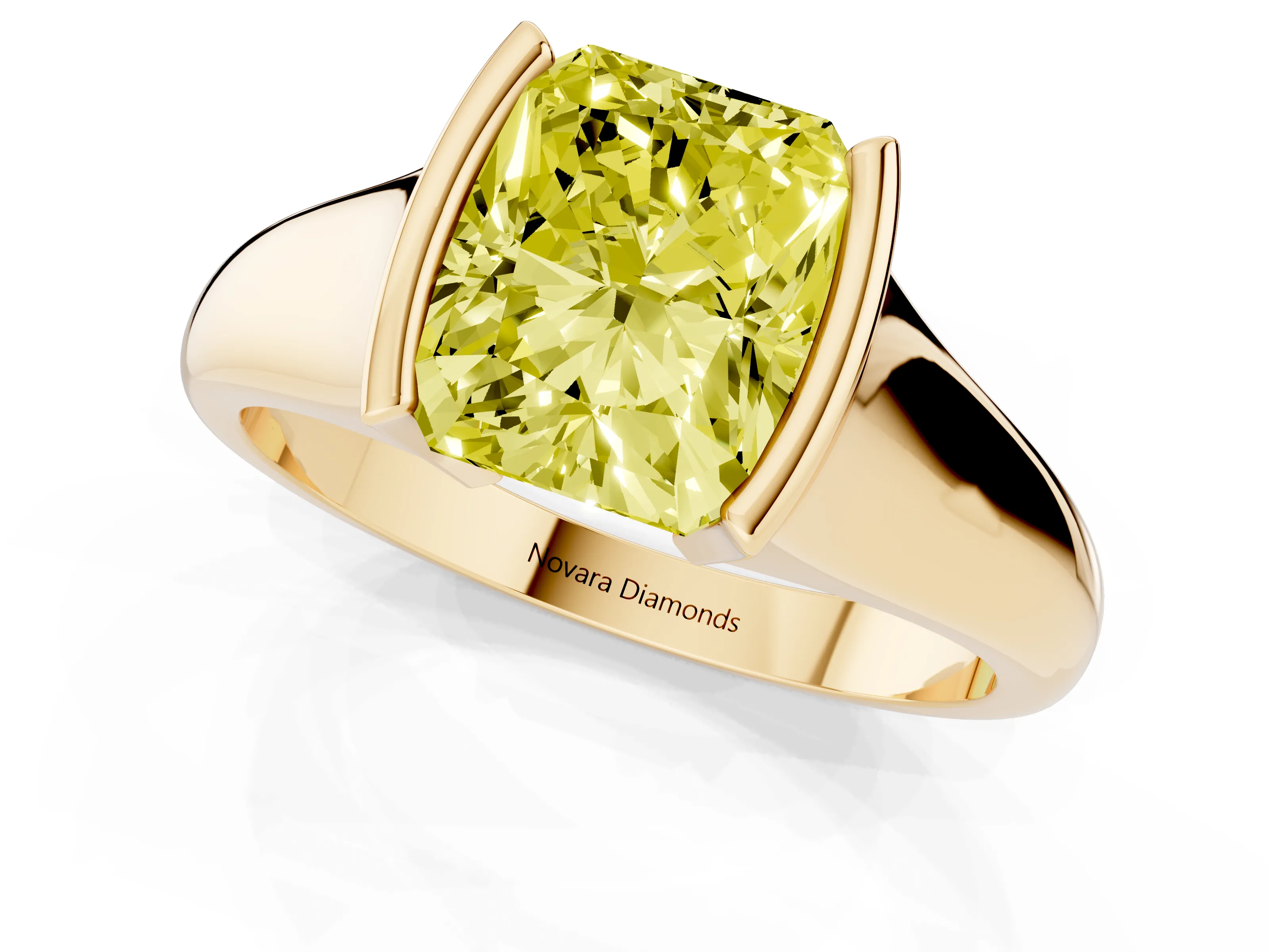 Fancy Yellow Radiant Cut Diamond Solitaire Tension Set Ring Set in Yellow gold with Split Shank Band