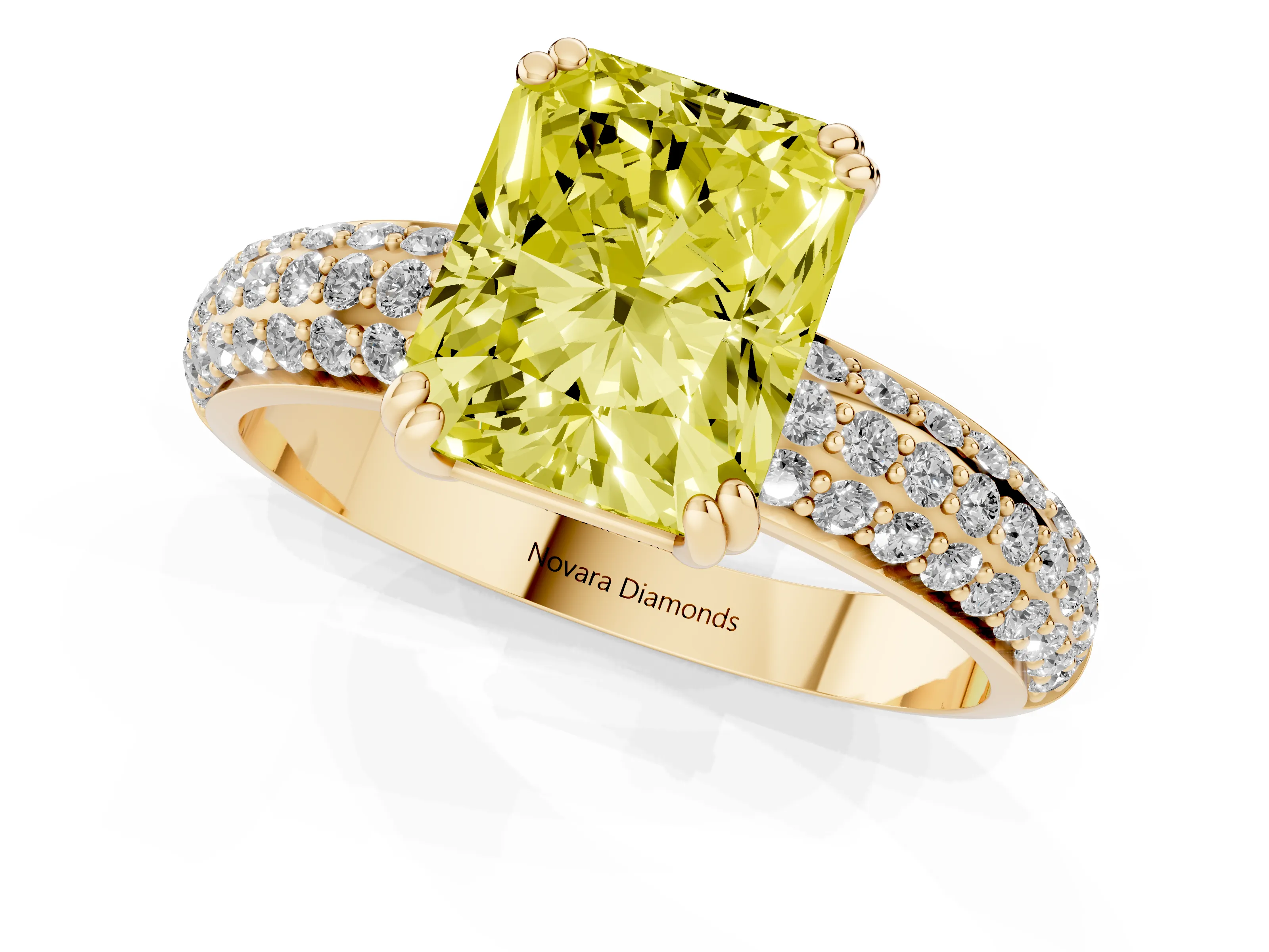 Fancy Yellow Radiant Cut Diamond Solitaire Ring Set in Yellow gold with Multi-Row Round Pavé Band and Prong Setting