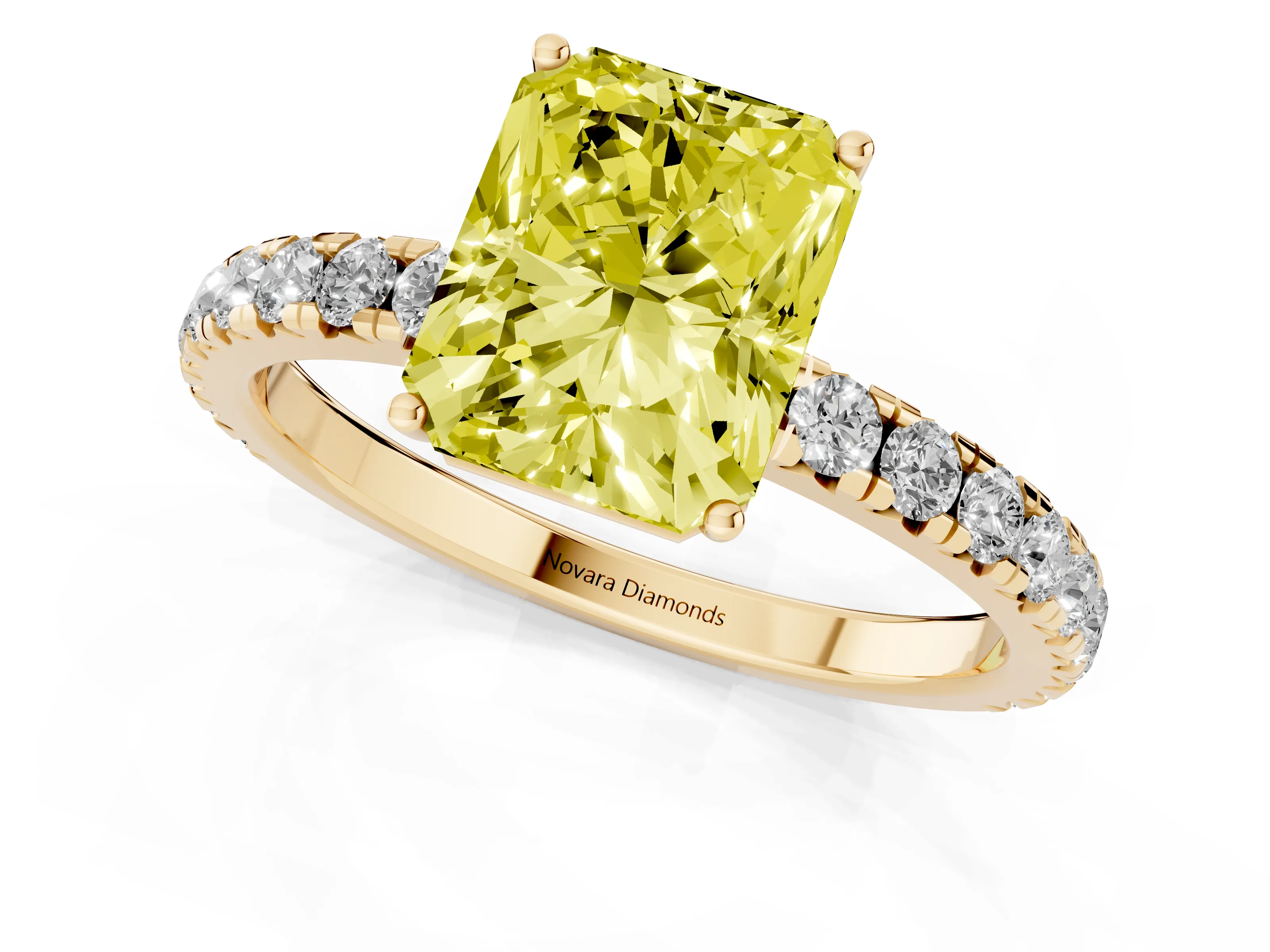 Fancy Yellow Radiant Cut Diamond Pavé Solitaire Engagement Ring Set in Yellow gold with Prong Setting