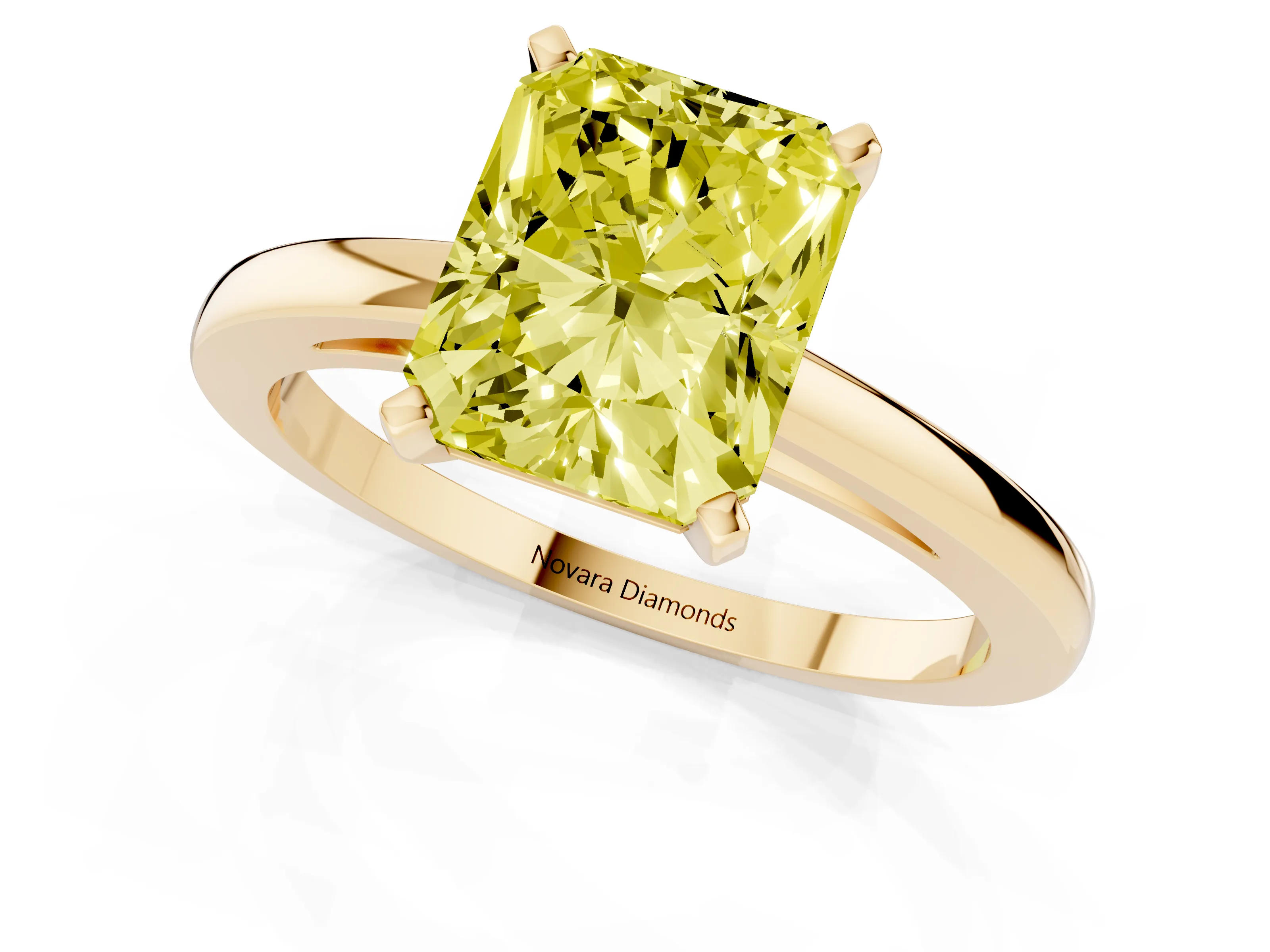 Fancy Yellow Radiant Cut Diamond Solitaire Engagement Ring Set in Yellow gold with Prong Setting on a Classic Band