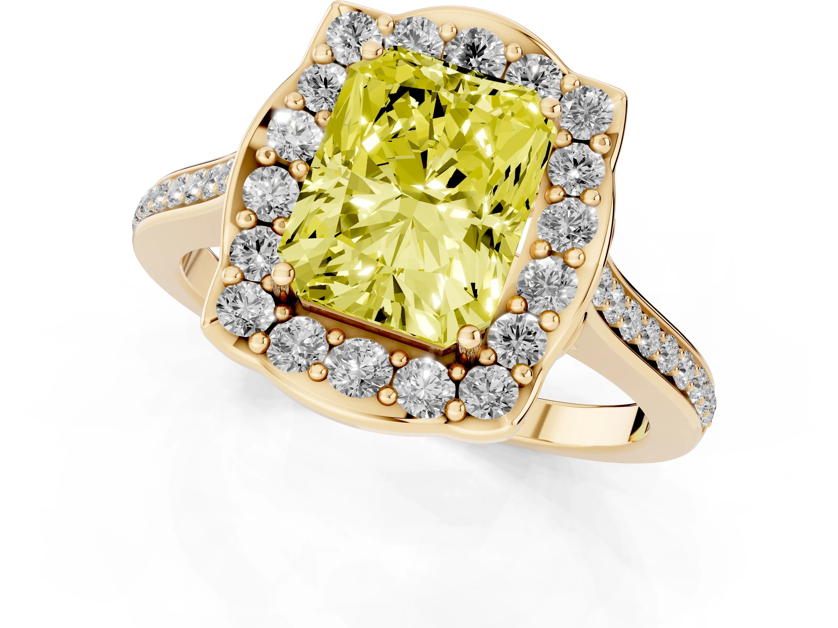 Fancy Yellow Radiant Cut Diamond Halo Ring Set in Yellow gold with Pavé-Lined Shoulders and Prong Setting