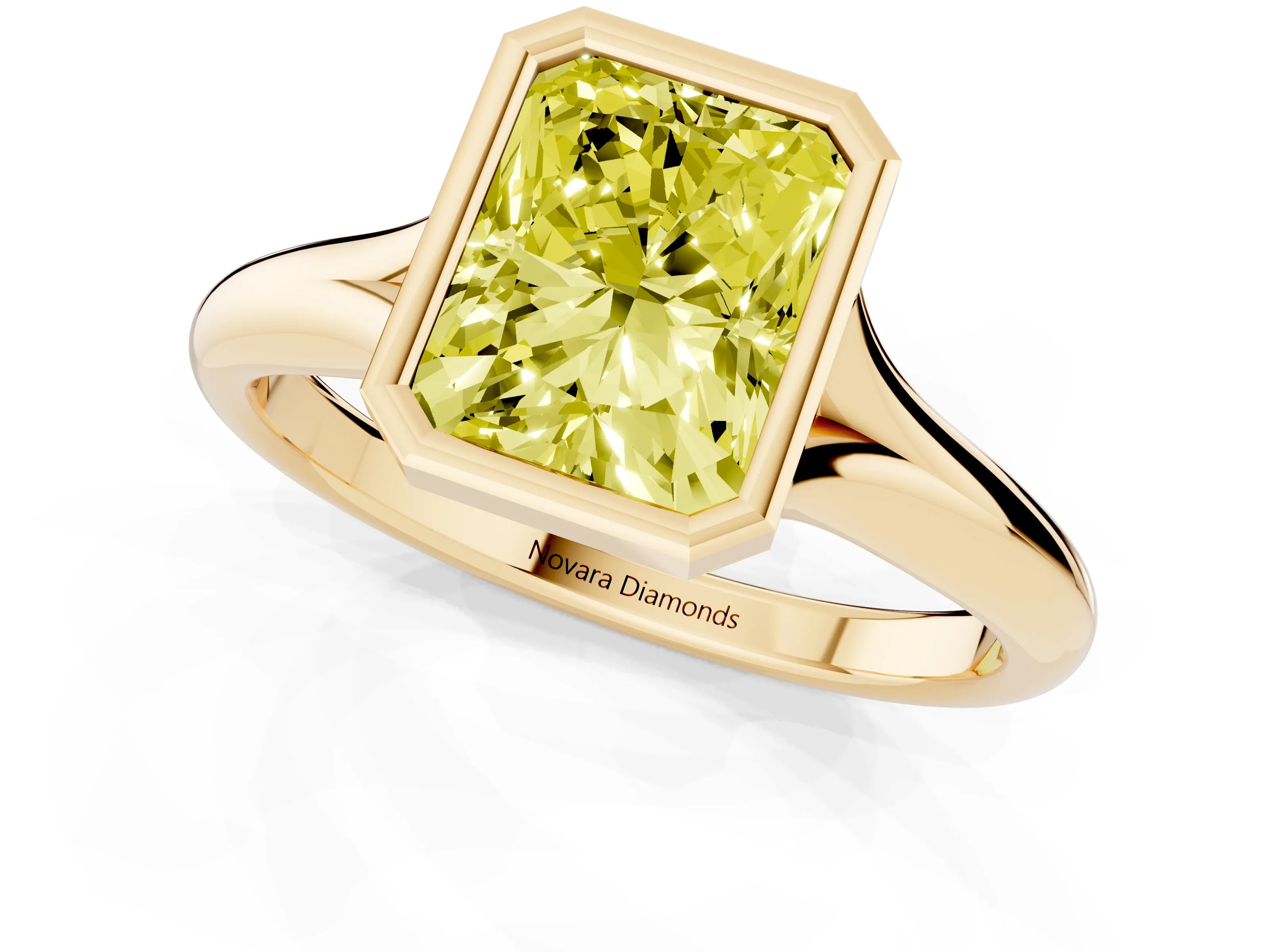 Fancy Yellow Bezel Set Radiant Cut Diamond Solitaire Ring Set in Yellow gold with Smooth Band