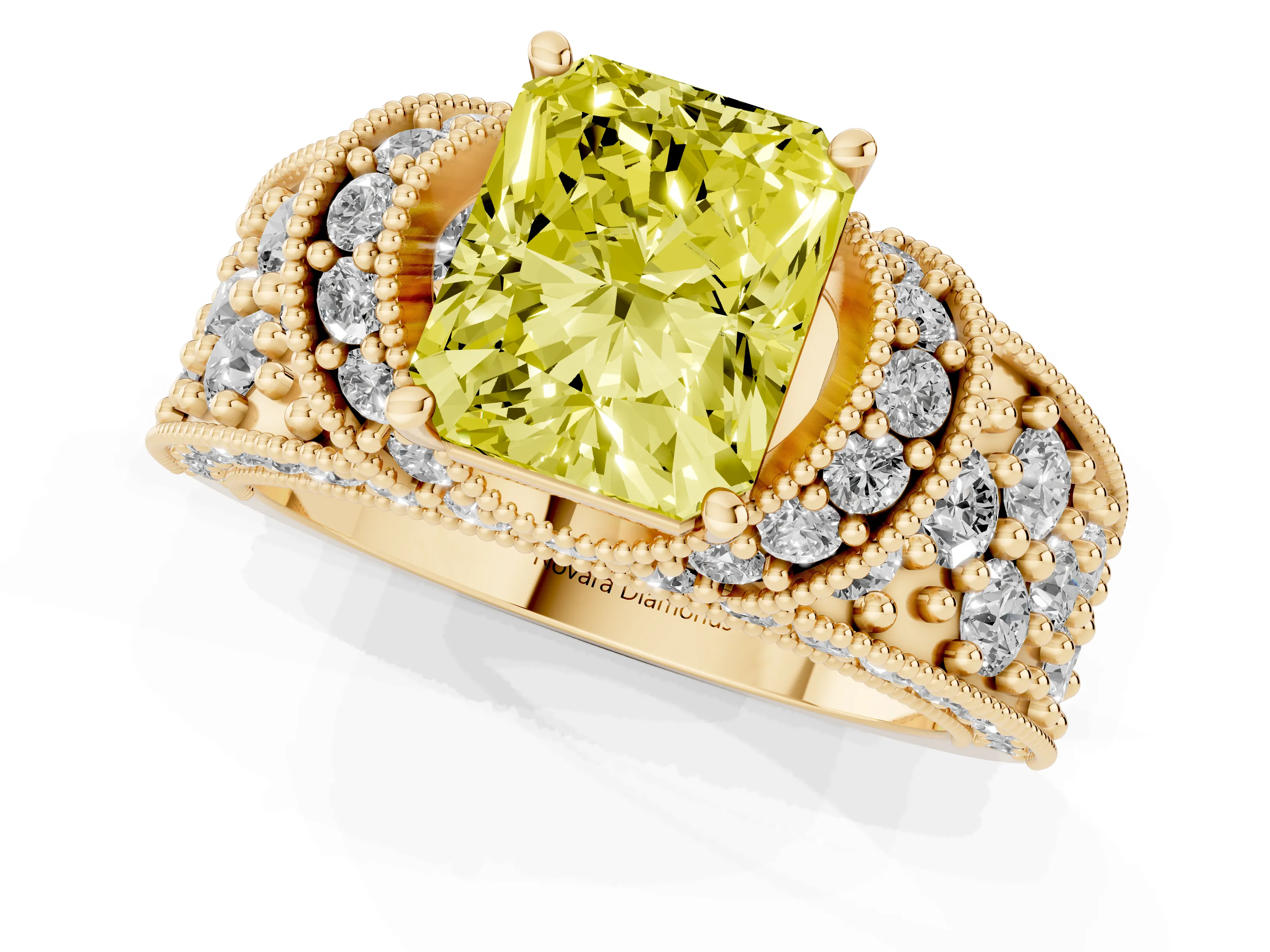 Fancy Yellow Radiant Cut Diamond Milgrain Halo Pavé Engagement Ring Set in Yellow gold with Prong Setting