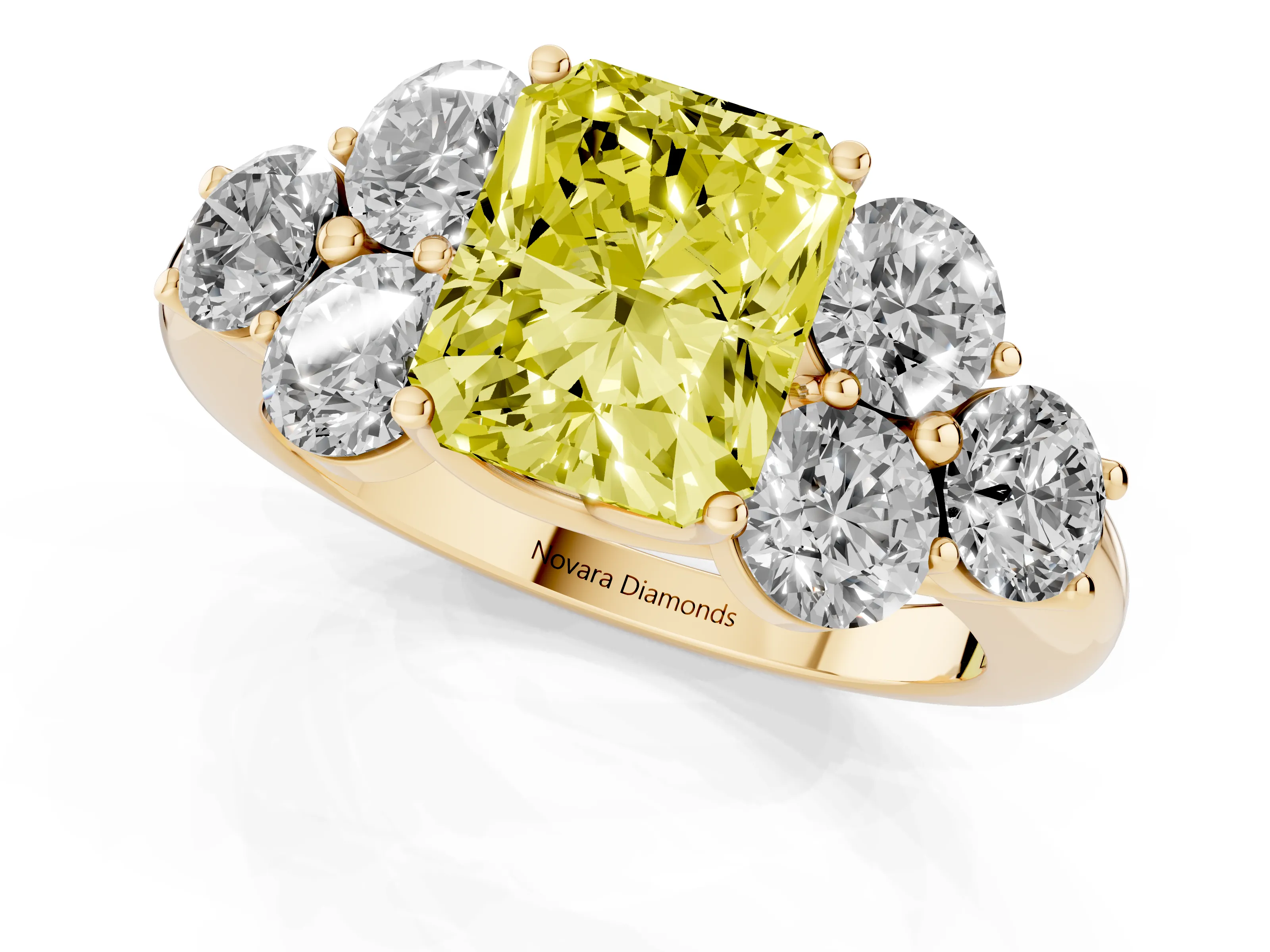 Fancy Yellow Radiant Cut Diamond Cluster Ring Set in Yellow gold with Round Accent Stones and Prong Setting on a Plain Band