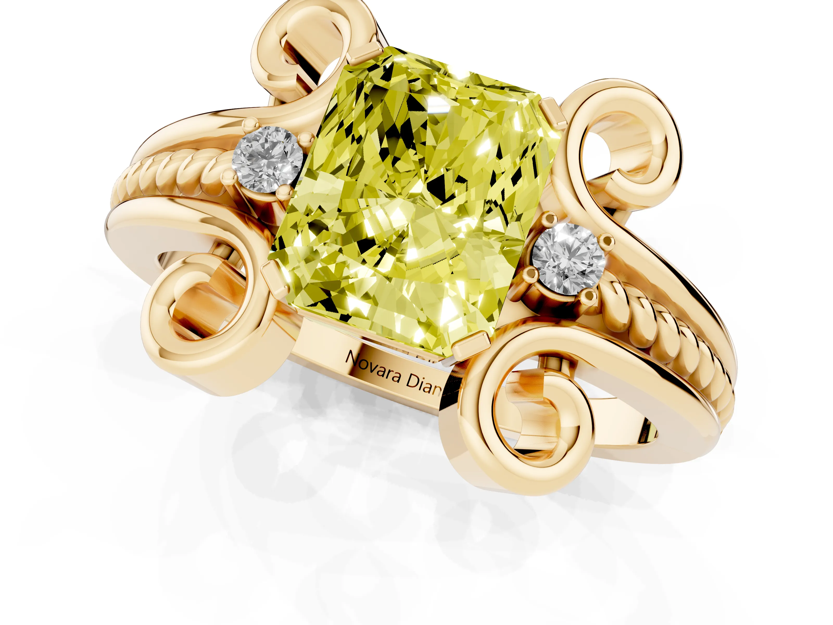 Fancy Yellow Radiant Cut Diamond Twisted Band Solitaire Ring Set in Yellow gold with Scroll Prongs