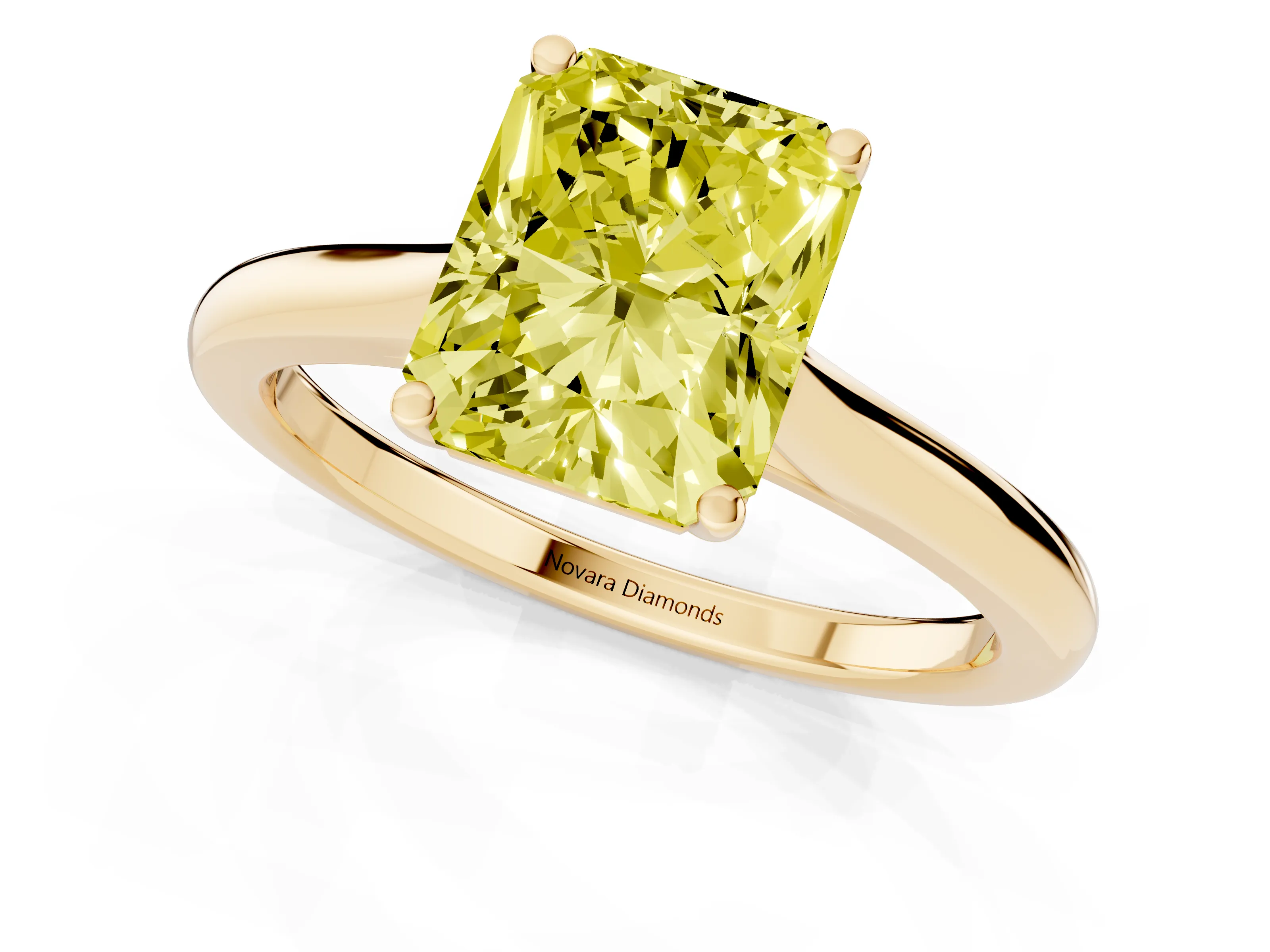 Fancy Yellow Radiant Cut Diamond Solitaire Ring Set in Yellow gold with Cathedral Band and Prong Setting