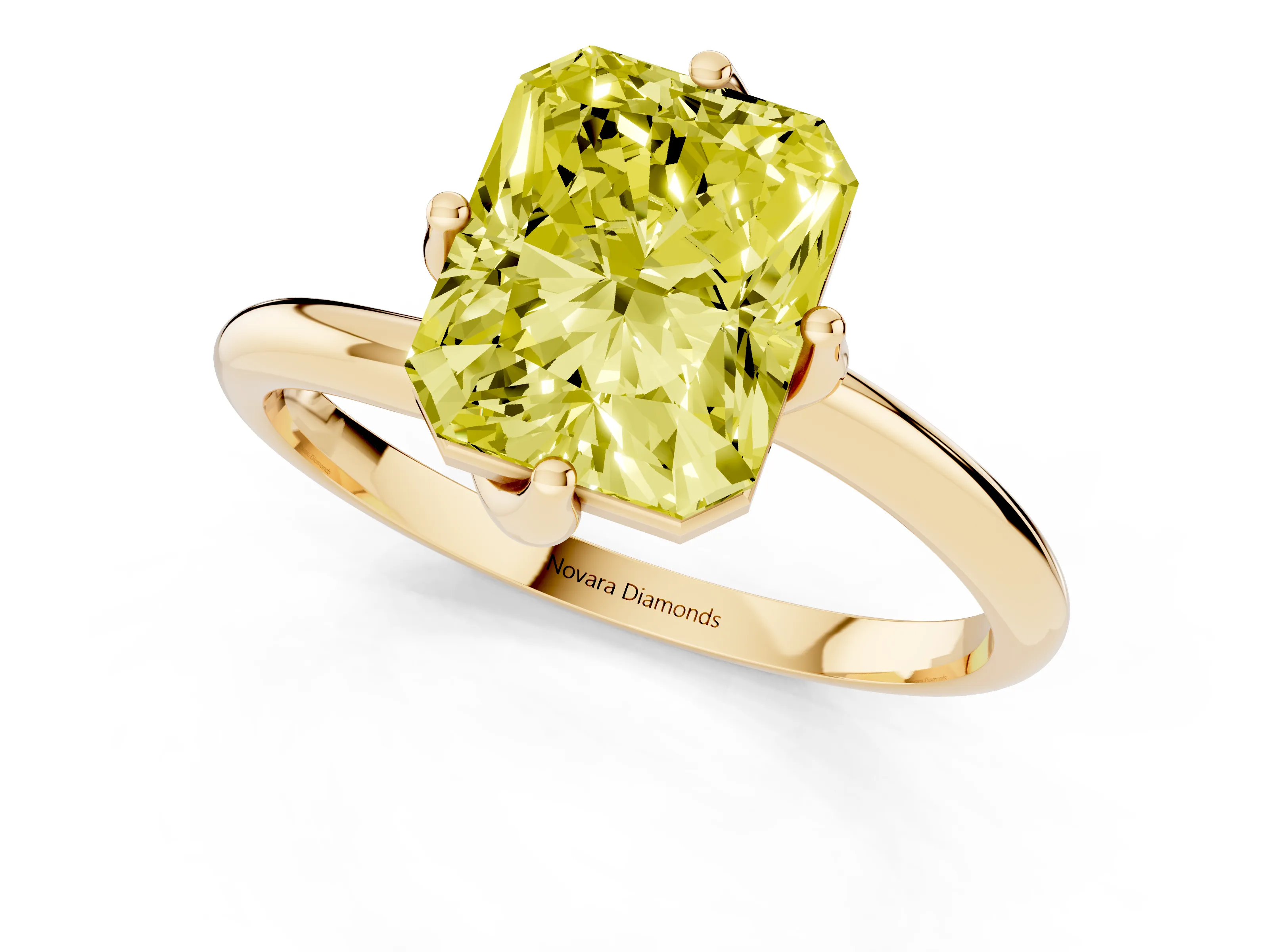 Fancy Yellow Radiant Cut Diamond Solitaire Engagement Ring Set in Yellow gold with Classic Plain Band