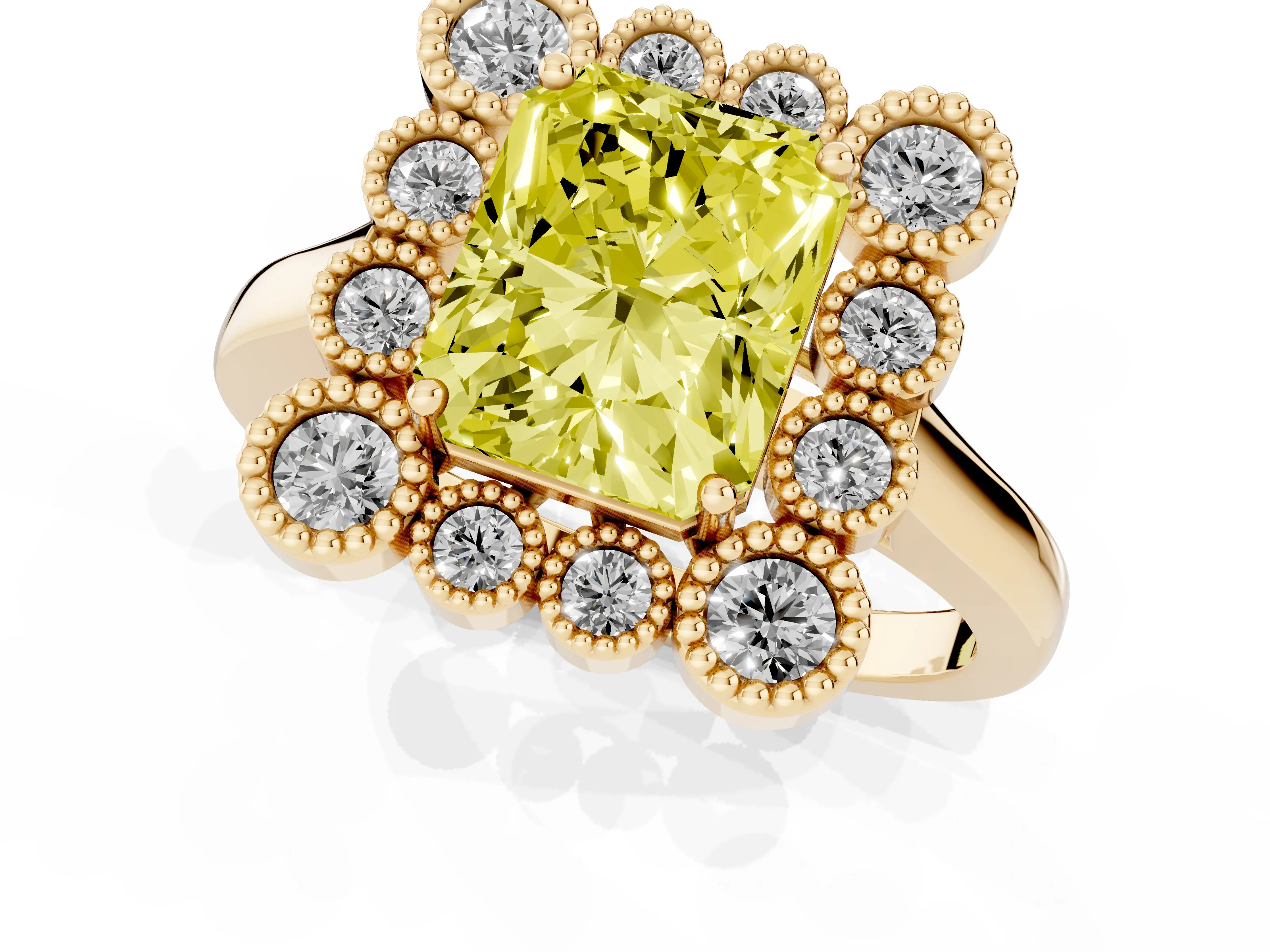 Fancy Yellow Radiant Cut Diamond Cluster Halo Ring Set in Yellow gold with Milgrain Bezel Accents and Plain Band