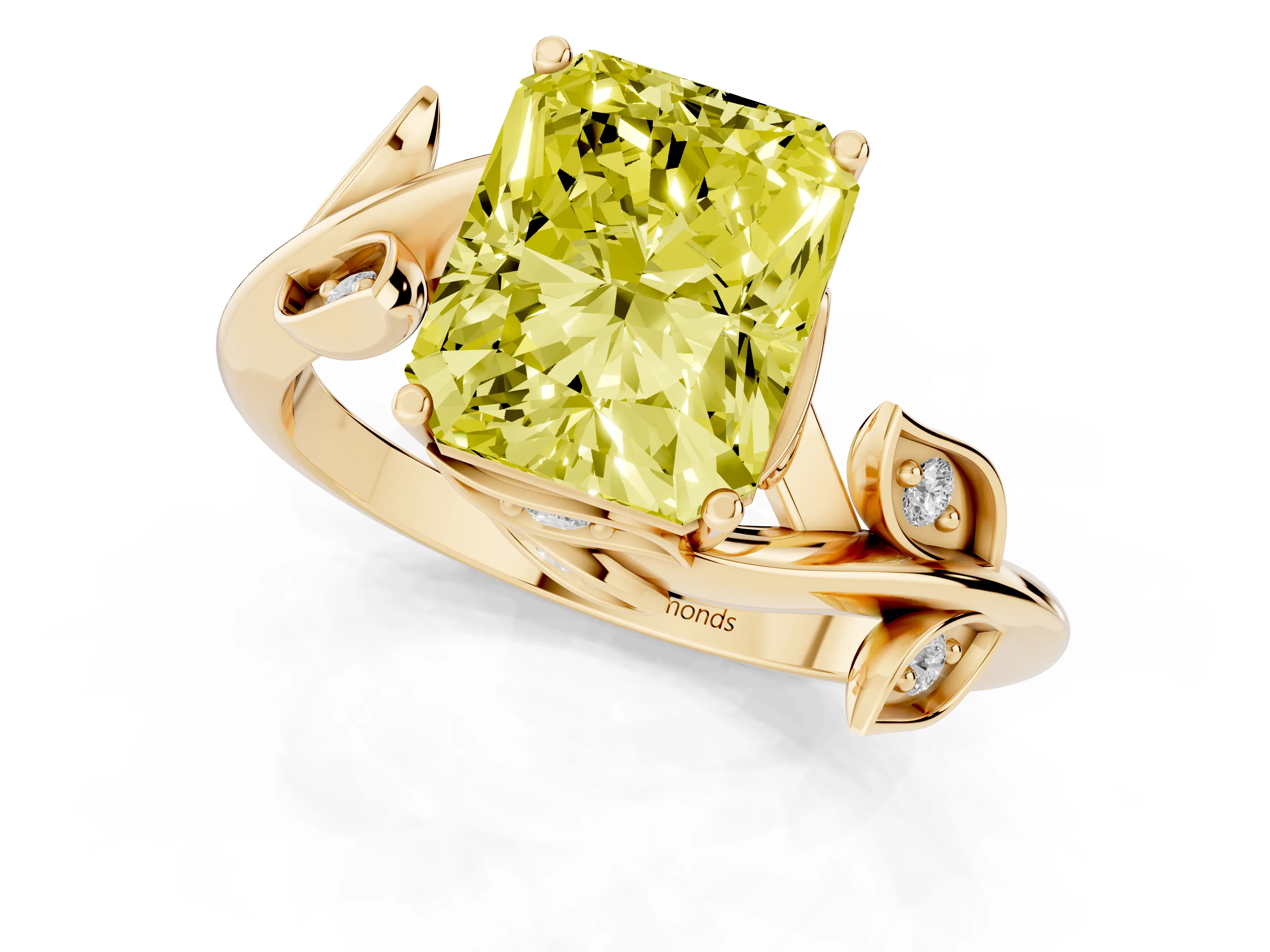 Fancy Yellow Radiant Cut Diamond Solitaire Twist Engagement Ring Set in Yellow gold with Pavé Leaf Accents