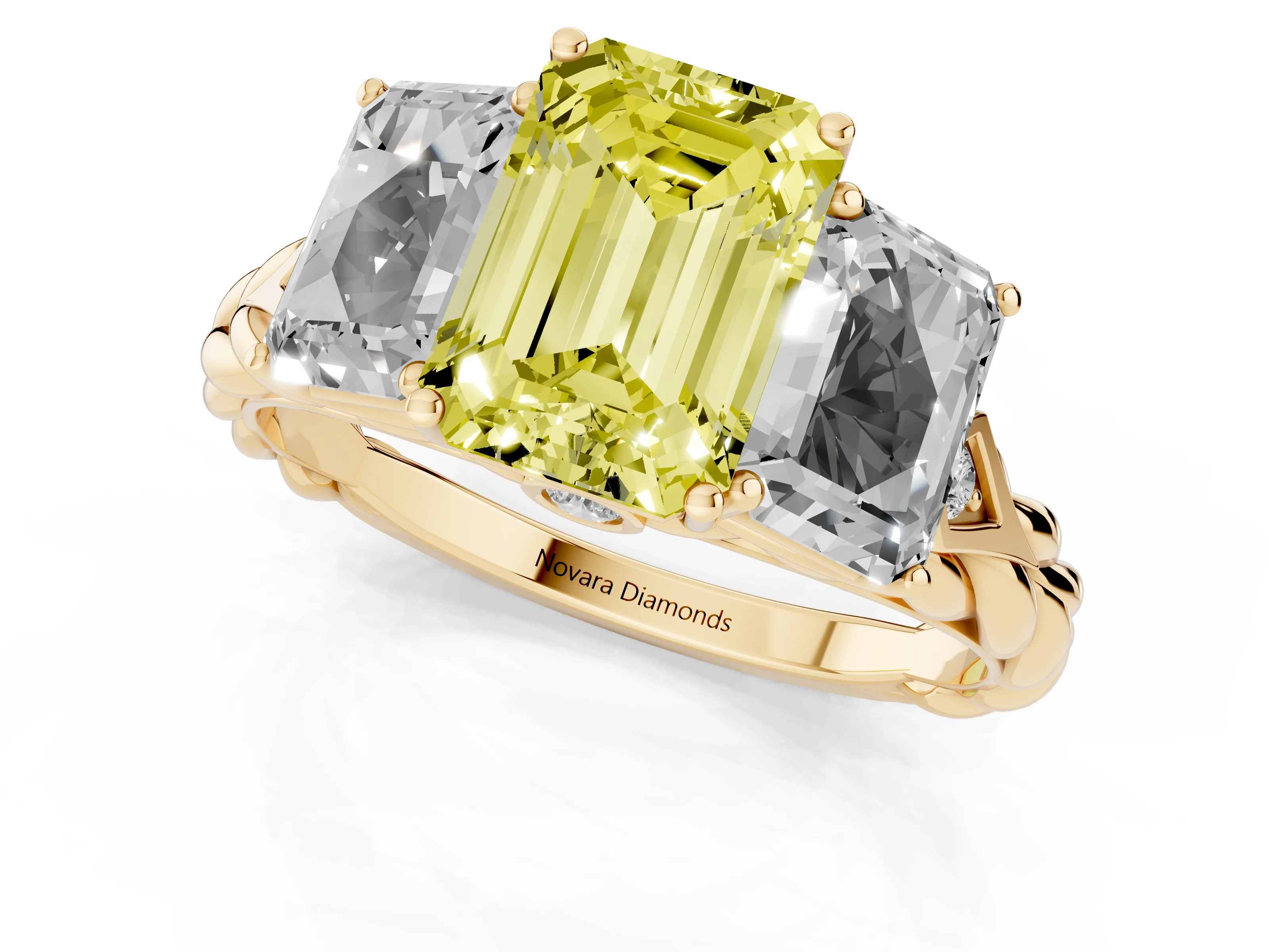 Fancy Yellow Radiant Cut Diamond Three-Stone Ring Set in Yellow gold with Braided Band