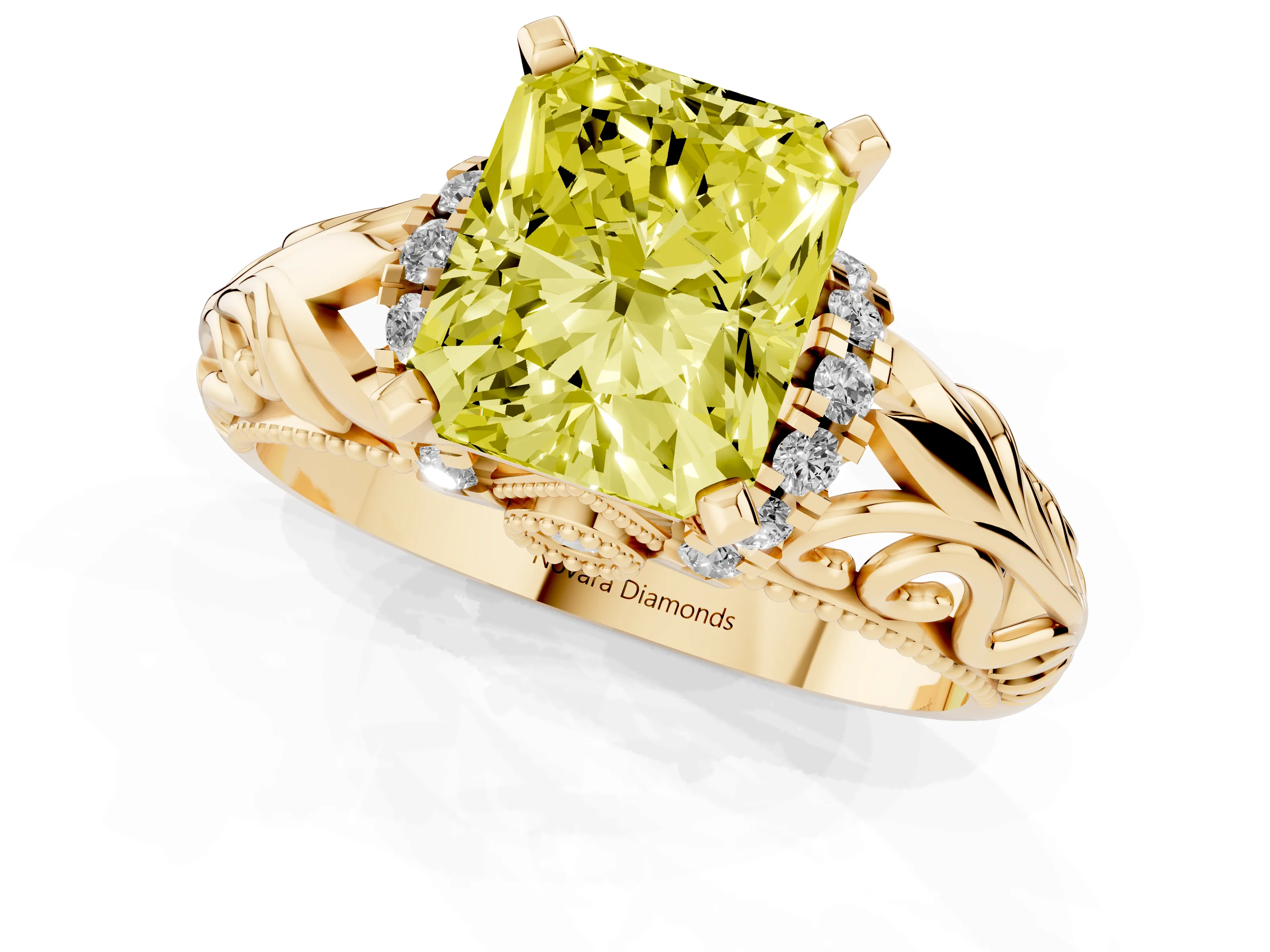 Fancy Yellow Radiant Cut Diamond Filigree Halo Engagement Ring Set in Yellow gold with Prong Setting