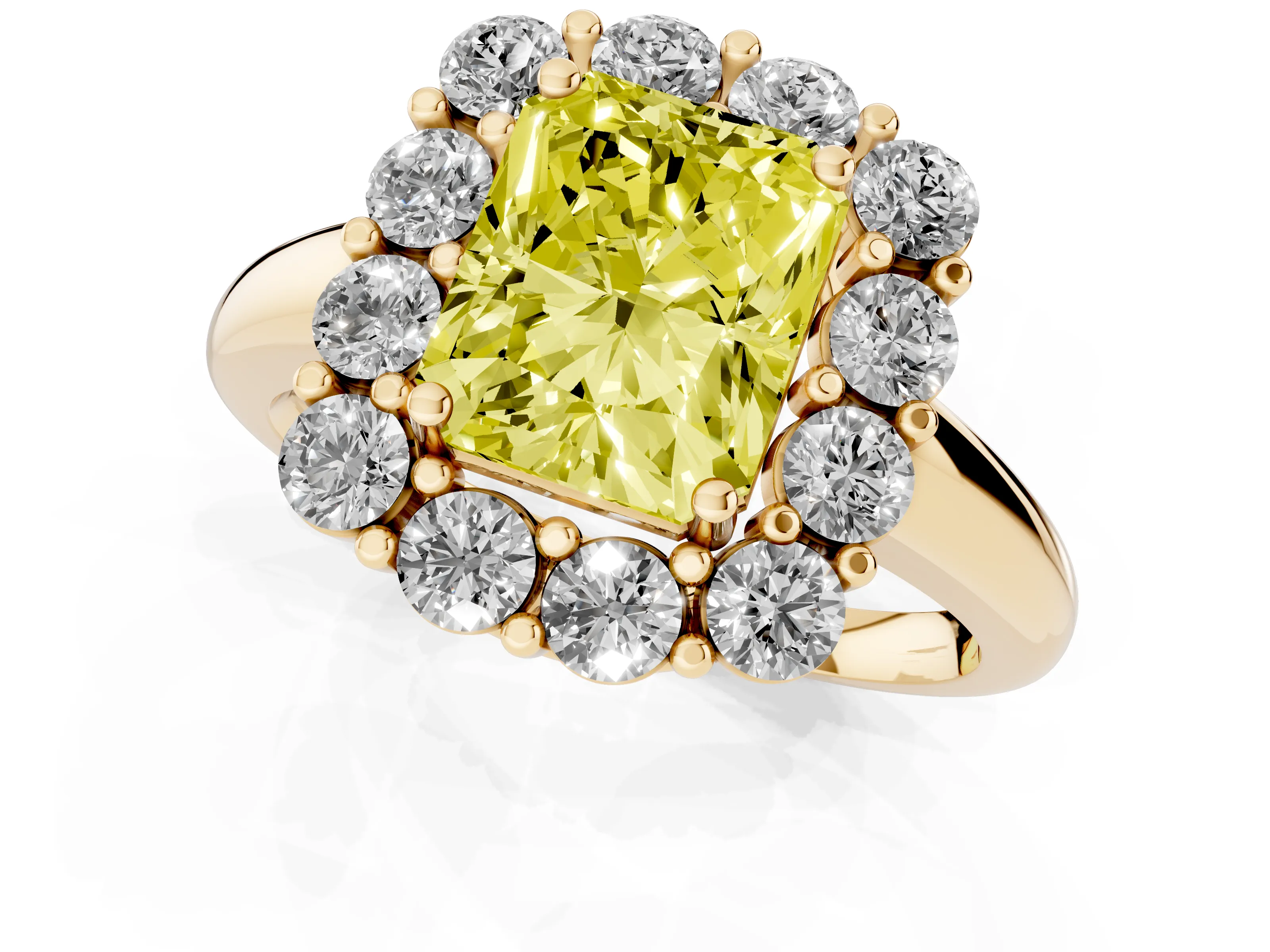 Fancy Yellow Radiant Cut Diamond Halo Cluster Engagement Ring Set in Yellow gold with Polished Band and Prong Setting