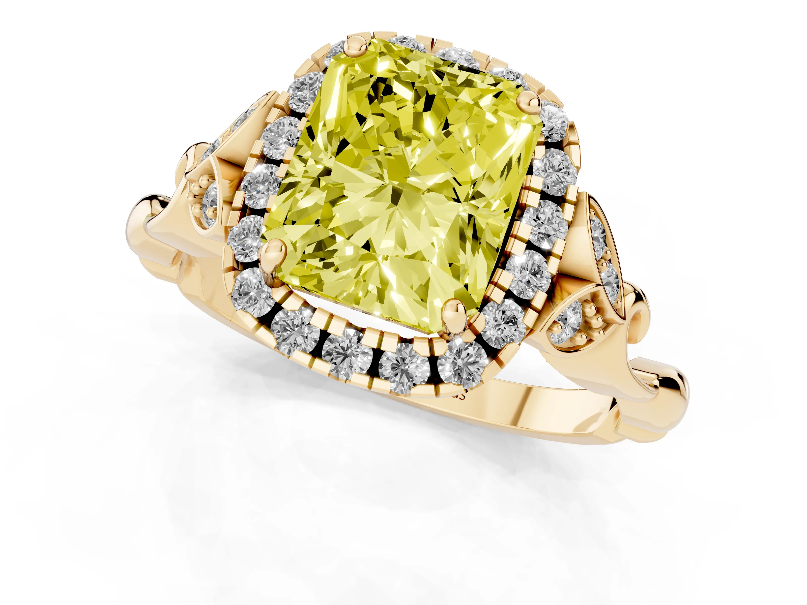 Fancy Yellow Radiant Cut Diamond Halo Engagement Ring Set in Yellow gold with Vintage-Inspired Band and Prong Setting