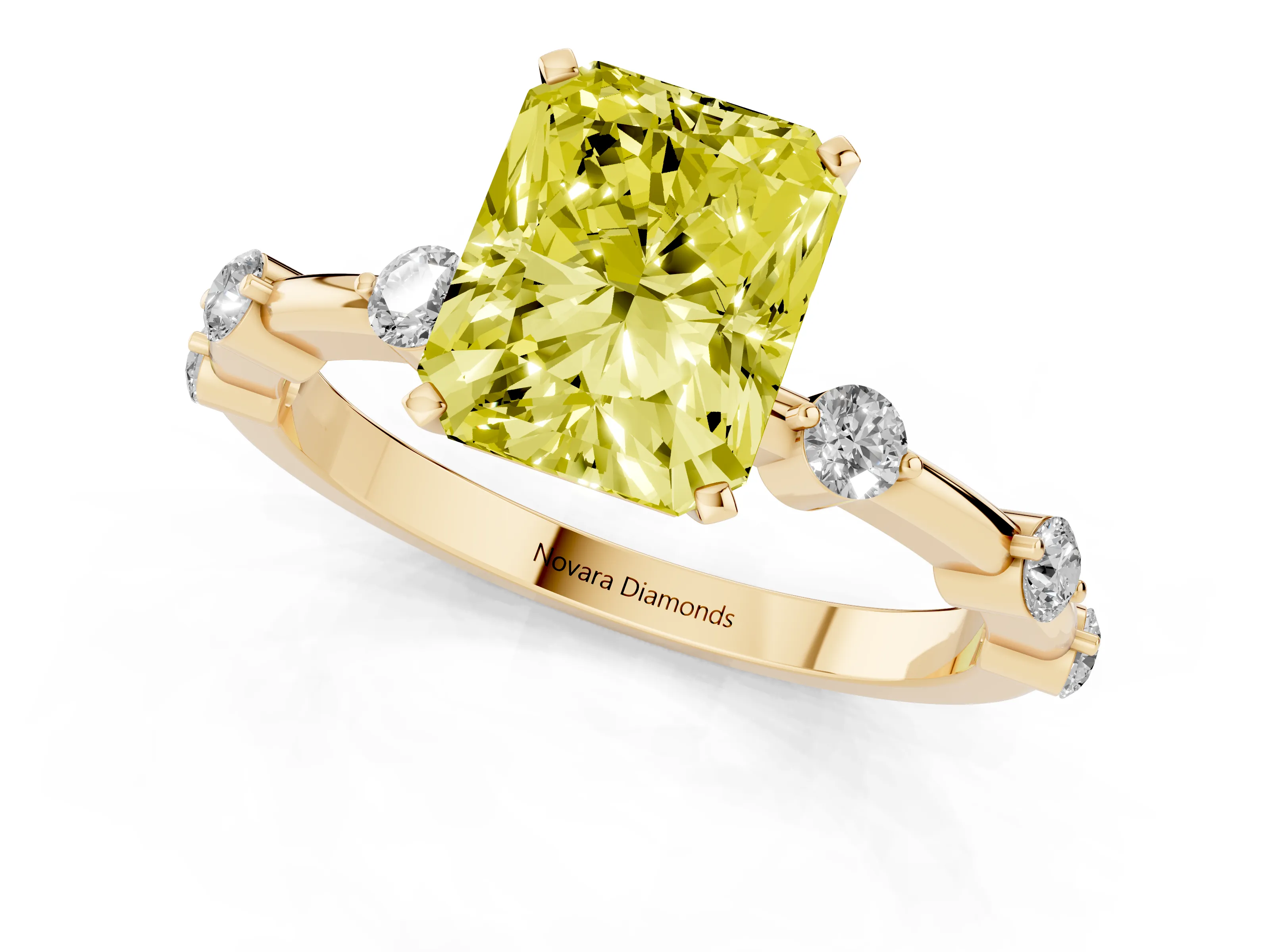 Fancy Yellow Radiant Cut Diamond Solitaire Ring Set in Yellow gold with Bezel Set Side Stones and Prong Setting