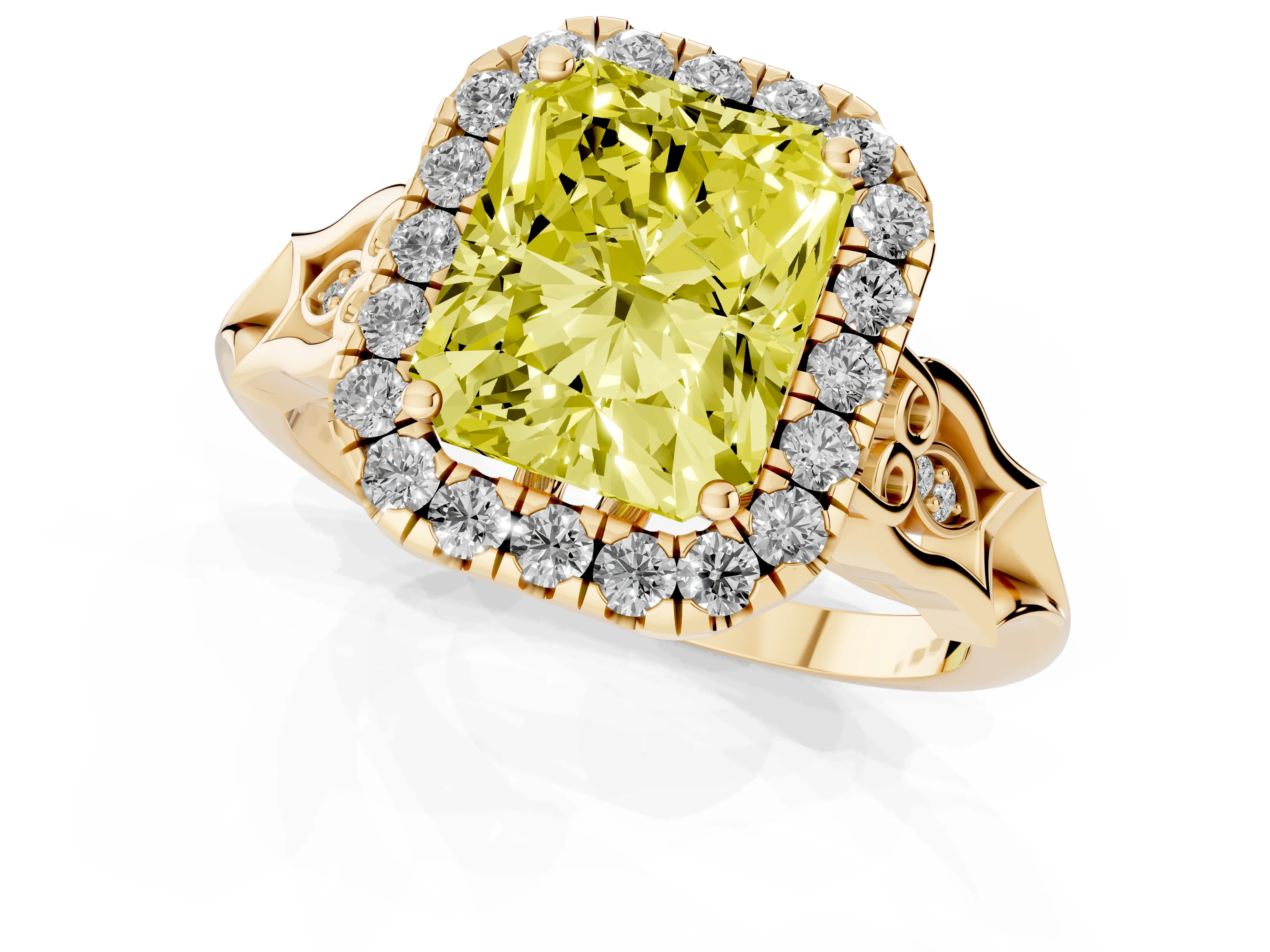 Fancy Yellow Radiant Cut Diamond Halo Engagement Ring Set in Yellow gold with Filigree Band and Prong-Set Center