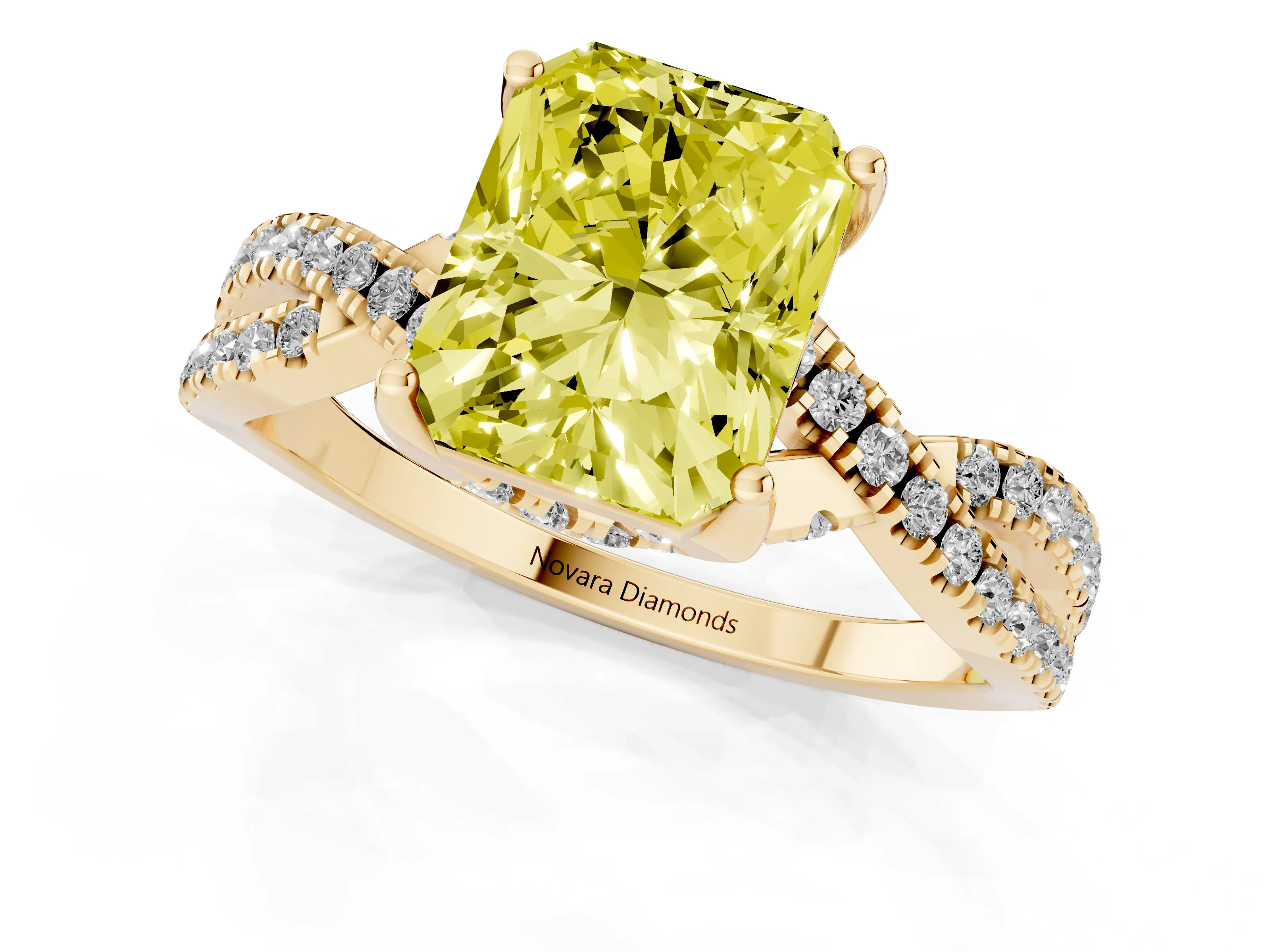 Fancy Yellow Radiant Cut Diamond Twist Pavé Solitaire Engagement Ring Set in Yellow gold with Prong Setting
