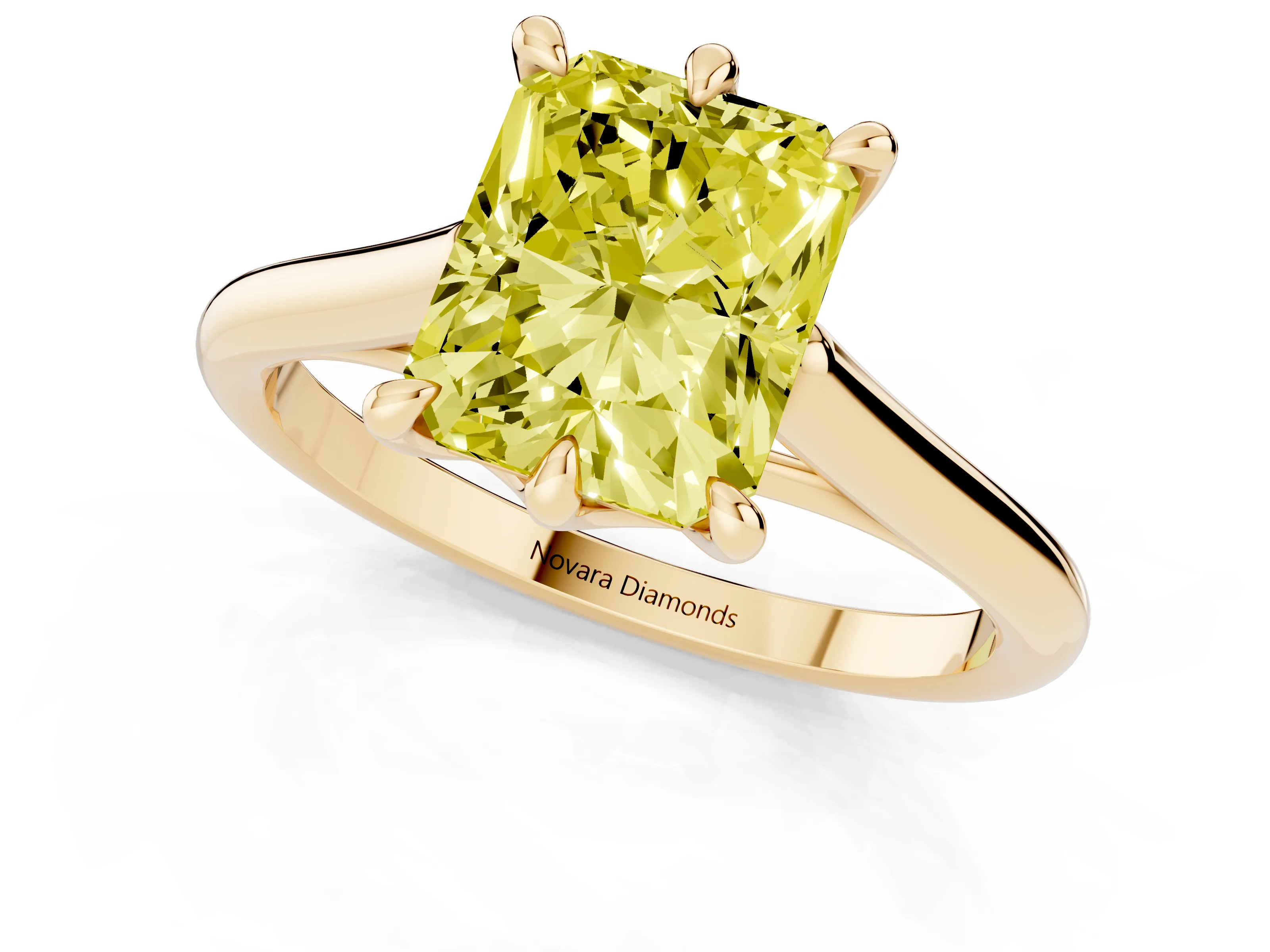 Fancy Yellow Radiant Cut Diamond Solitaire Engagement Ring Set in Yellow gold with Prong Setting and Plain Classic Band