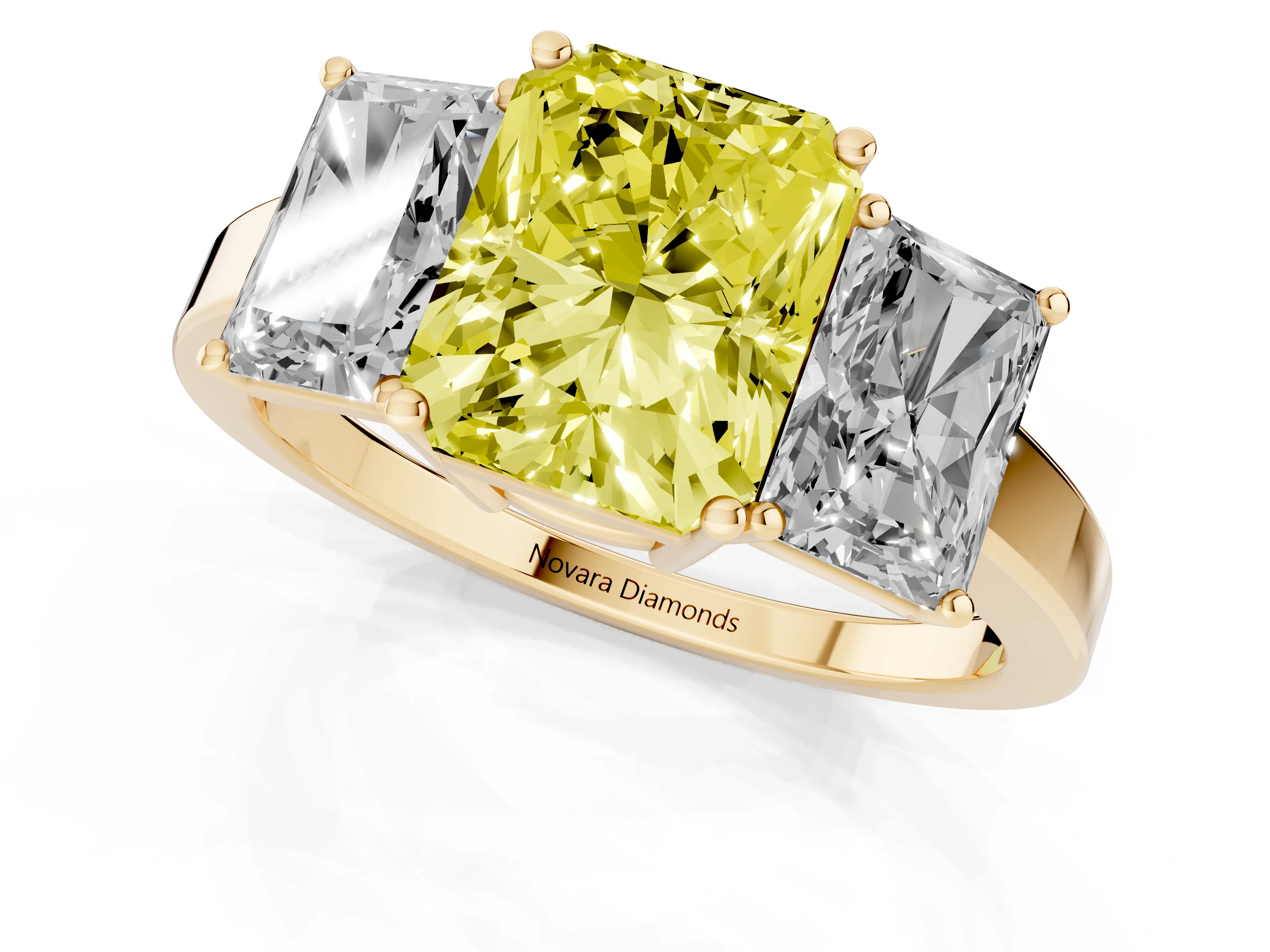 Fancy Yellow Radiant Cut Diamond Three-Stone Engagement Ring Set in Yellow gold with Flat Band