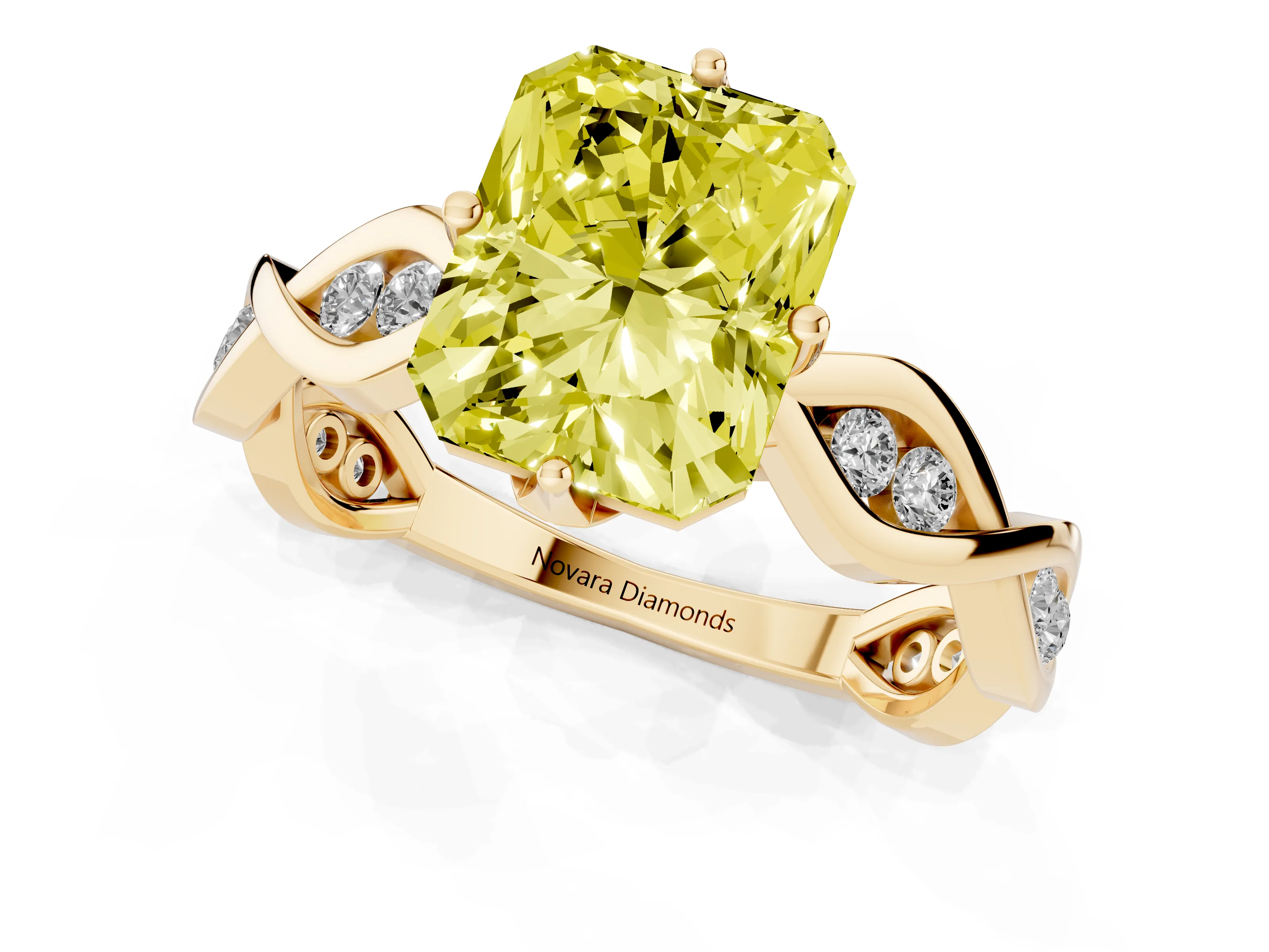 Fancy Yellow Radiant Cut Diamond Twist Band Solitaire Ring Set in Yellow gold with Leaf Prong Setting and Accent Stones